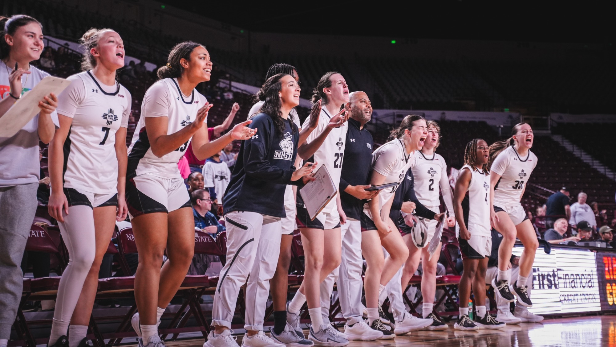 Team bench celebrating during a win over Missouri State