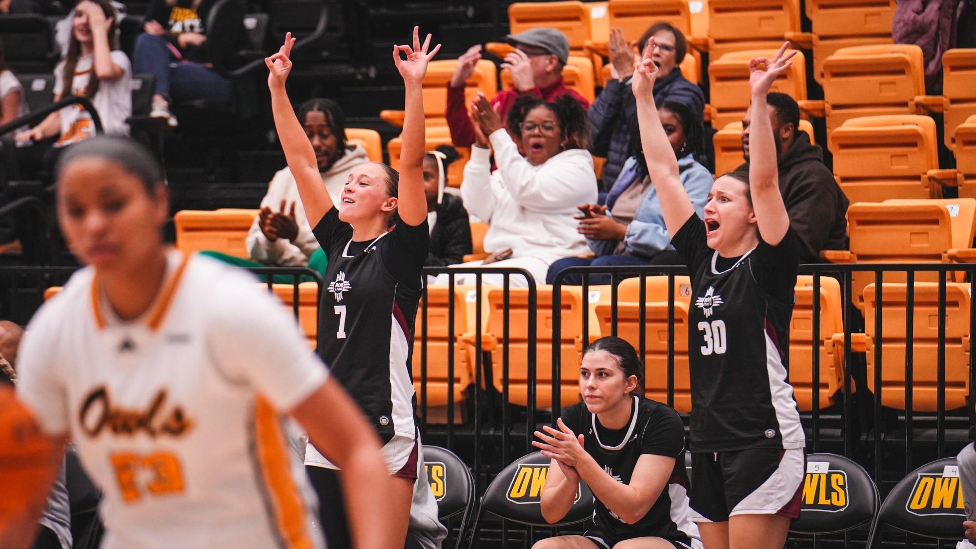 Nikki Stanci and Anna Csenyi celebrating a 3-pointer against Kennsaw State (1/24)