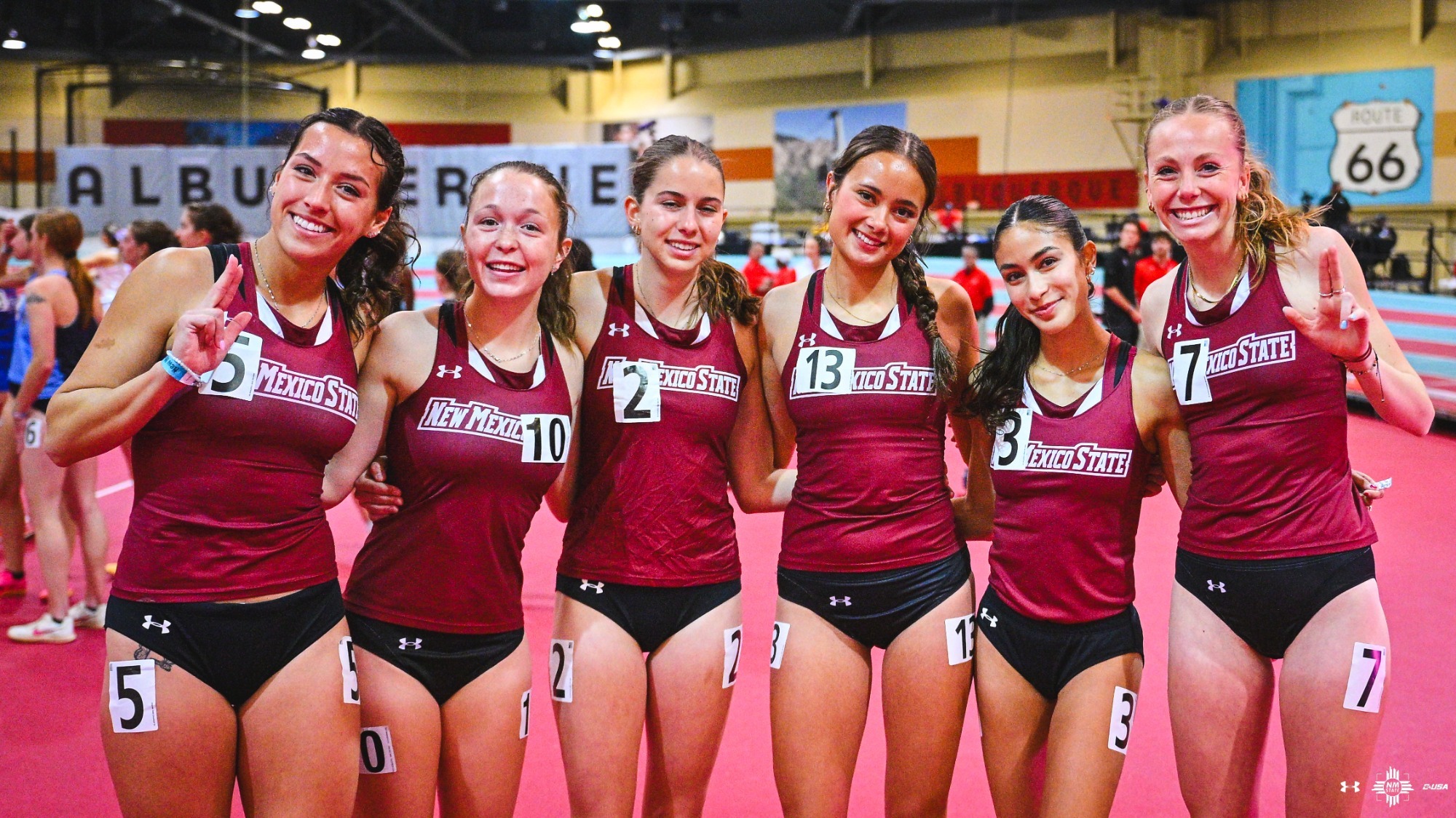 A lineup shot of Aggies after competing in the mile run at the New Mexico Team Open