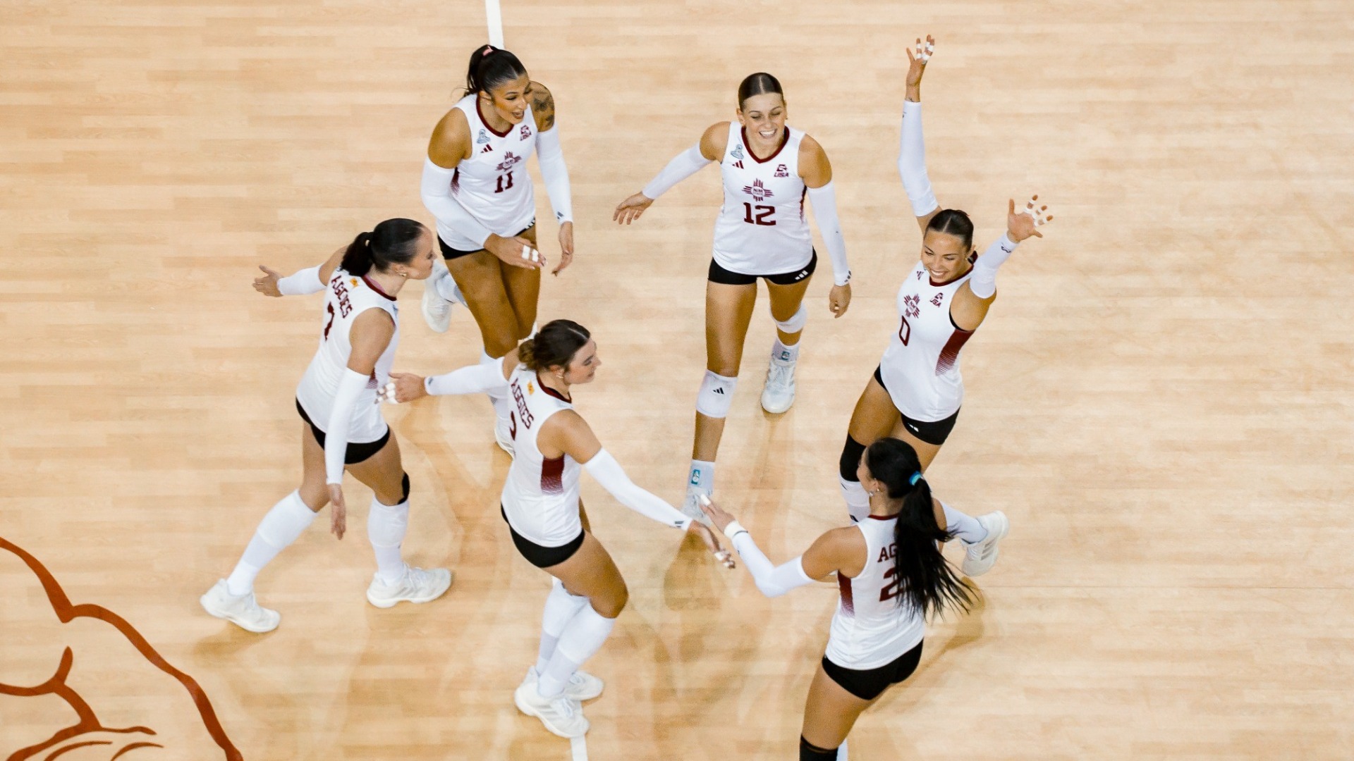 Overhead view of the aggies celebrating a set point