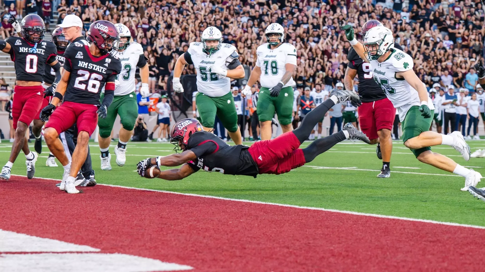 Nick Session dives for a touchdown against Mercyhurst on Sept. 5, 2026
