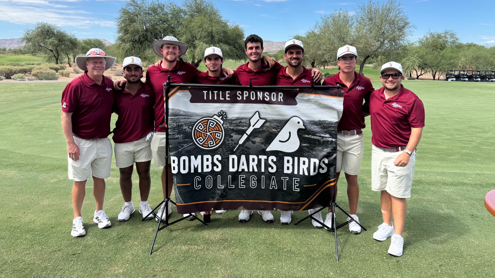 NM State Men's Golf celebrates setting a 54-hole team record (811) at the Bombs Darts Birds Collegiate.