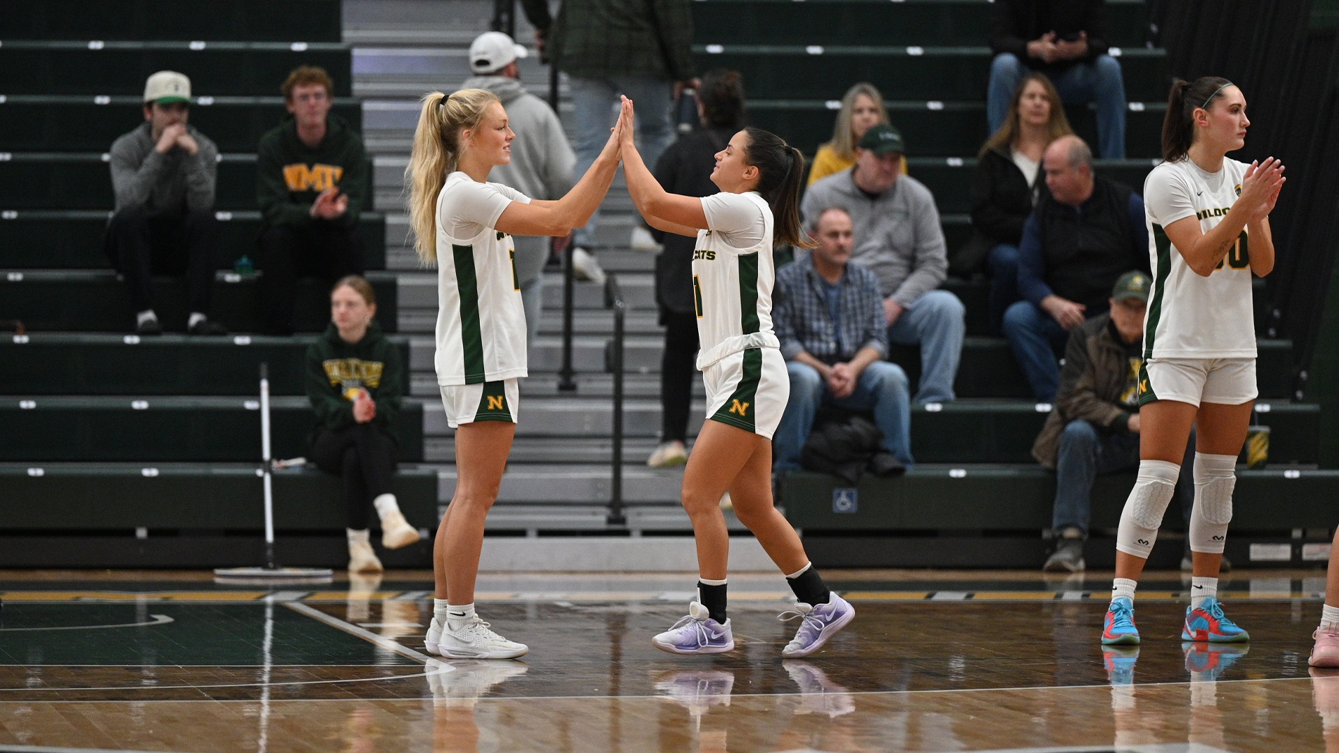 Womens basketball players give each other a high five