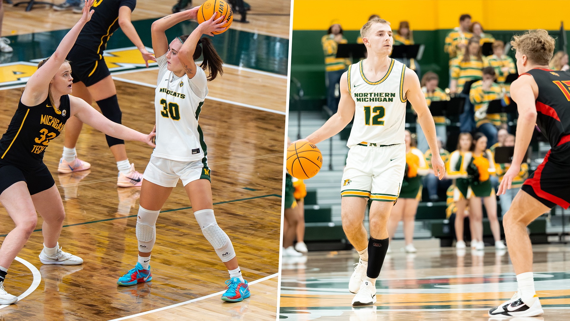 On the left side, a women's basketball player looks to throw a ball over a Michigan Tech defender. On the right side, a men's basketbll player runs a play against a Ferris State defender.