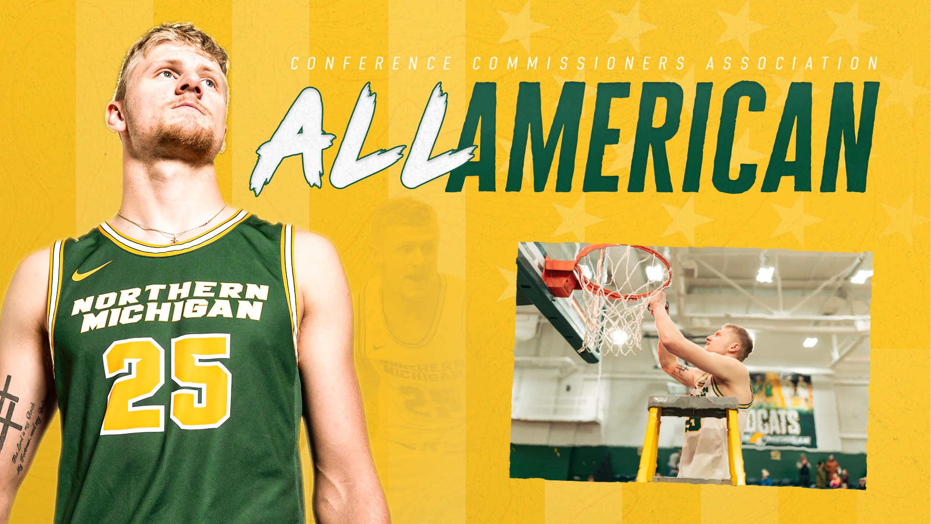 A landscape-oriented web banner featuring Dylan Kuehl for his CCA All-American selection. On the left, Dylan is shown from the waist up in his Northern Michigan uniform looking upward. To the right, the words 