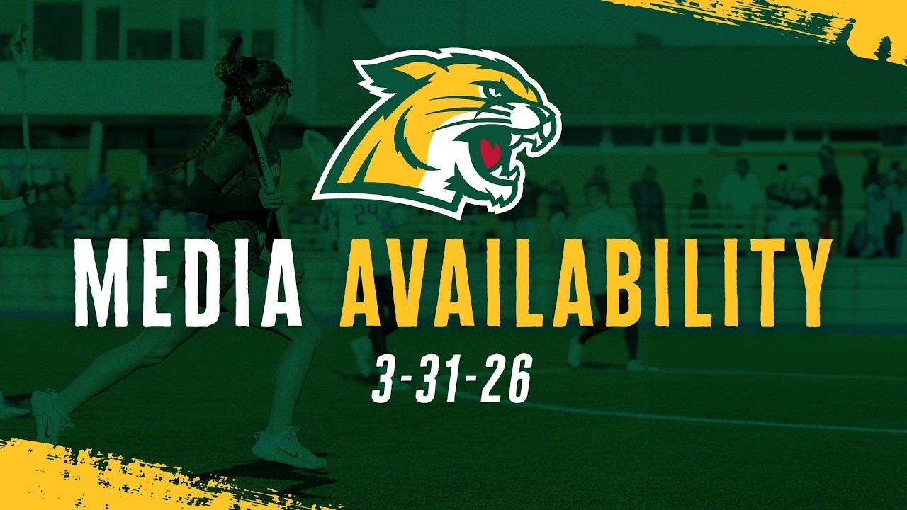 Gemini said A promotional sports graphic for Northern Michigan University features a large, stylized green and yellow wildcat logo centered at the top against a dark green-tinted background showing a women's lacrosse player in action. The bold text 
