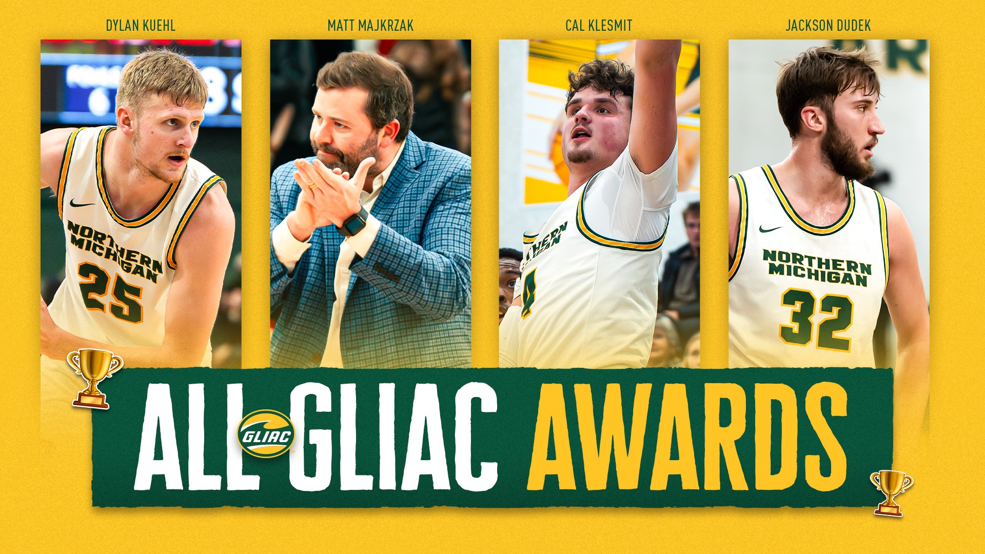 Four pictures of players and a coach with the words 