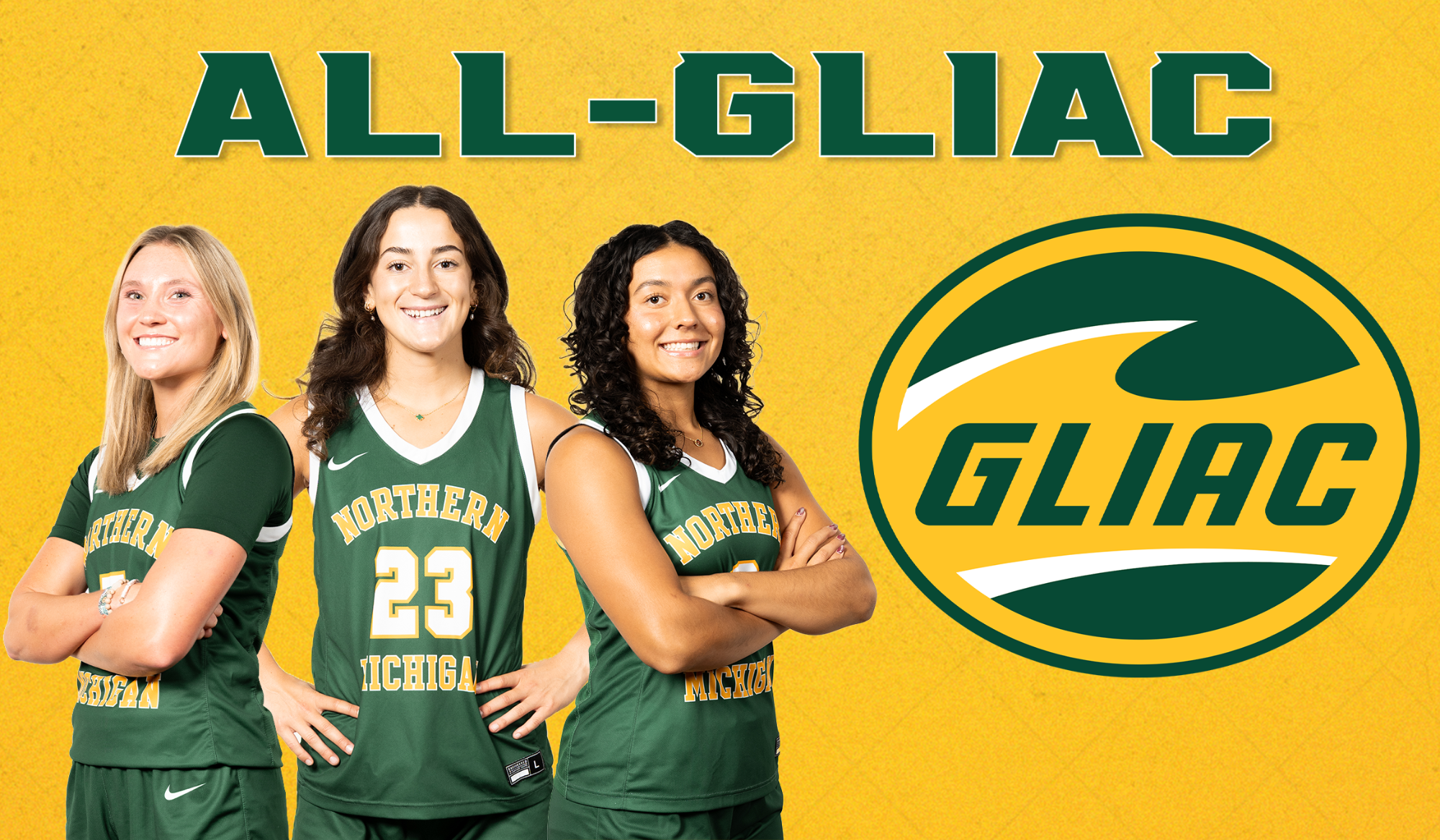 Three womens basketball players in green jerseys stand against a gold background with the words 