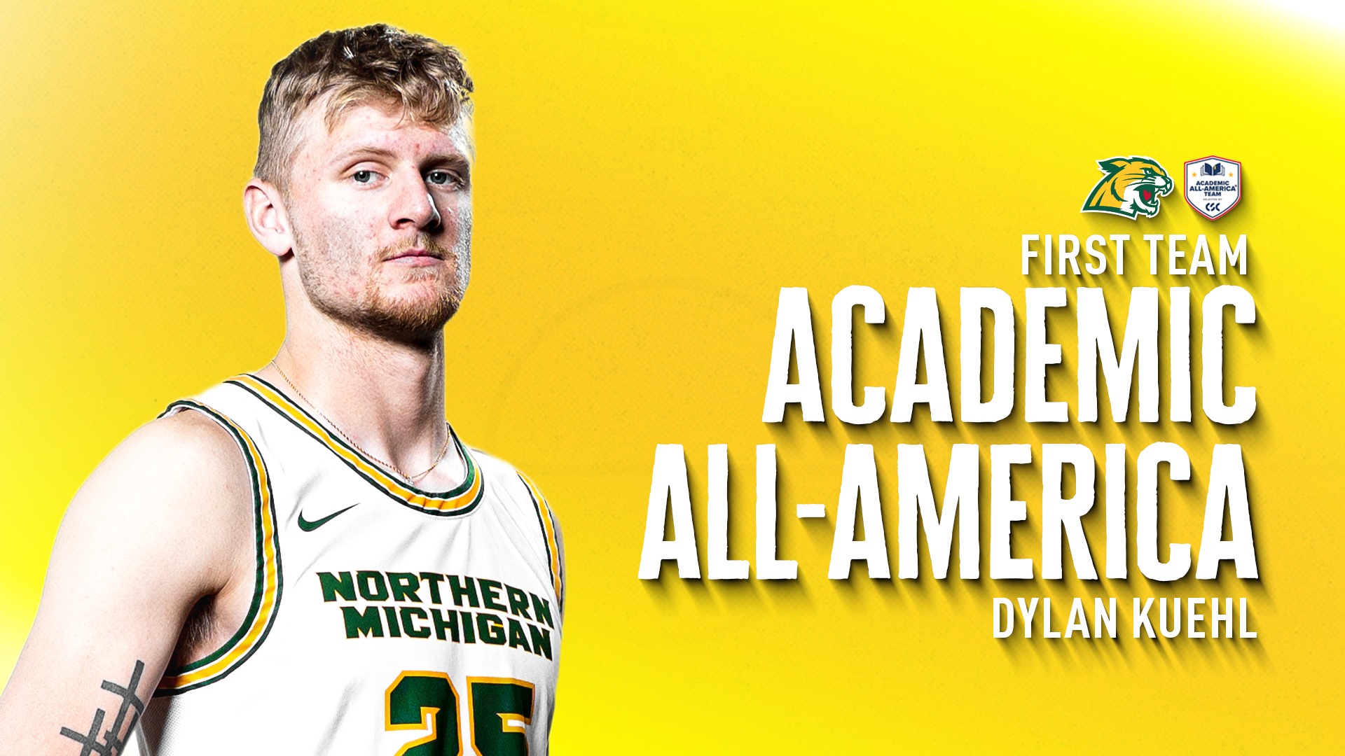 A landscape-oriented graphic featuring a close-up, chest-up shot of Dylan Kuehl in his white and green Northern Michigan University basketball uniform. To the right, bold white text displays 