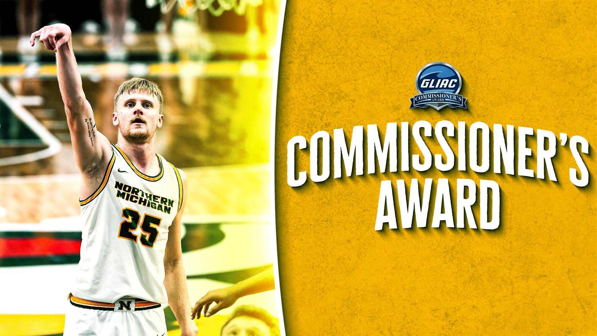 A horizontal graphic for Northern Michigan University athletics. On the left, basketball player Dylan Kuehl (number 25) is shown in his white home jersey, looking upward with one arm raised in a 