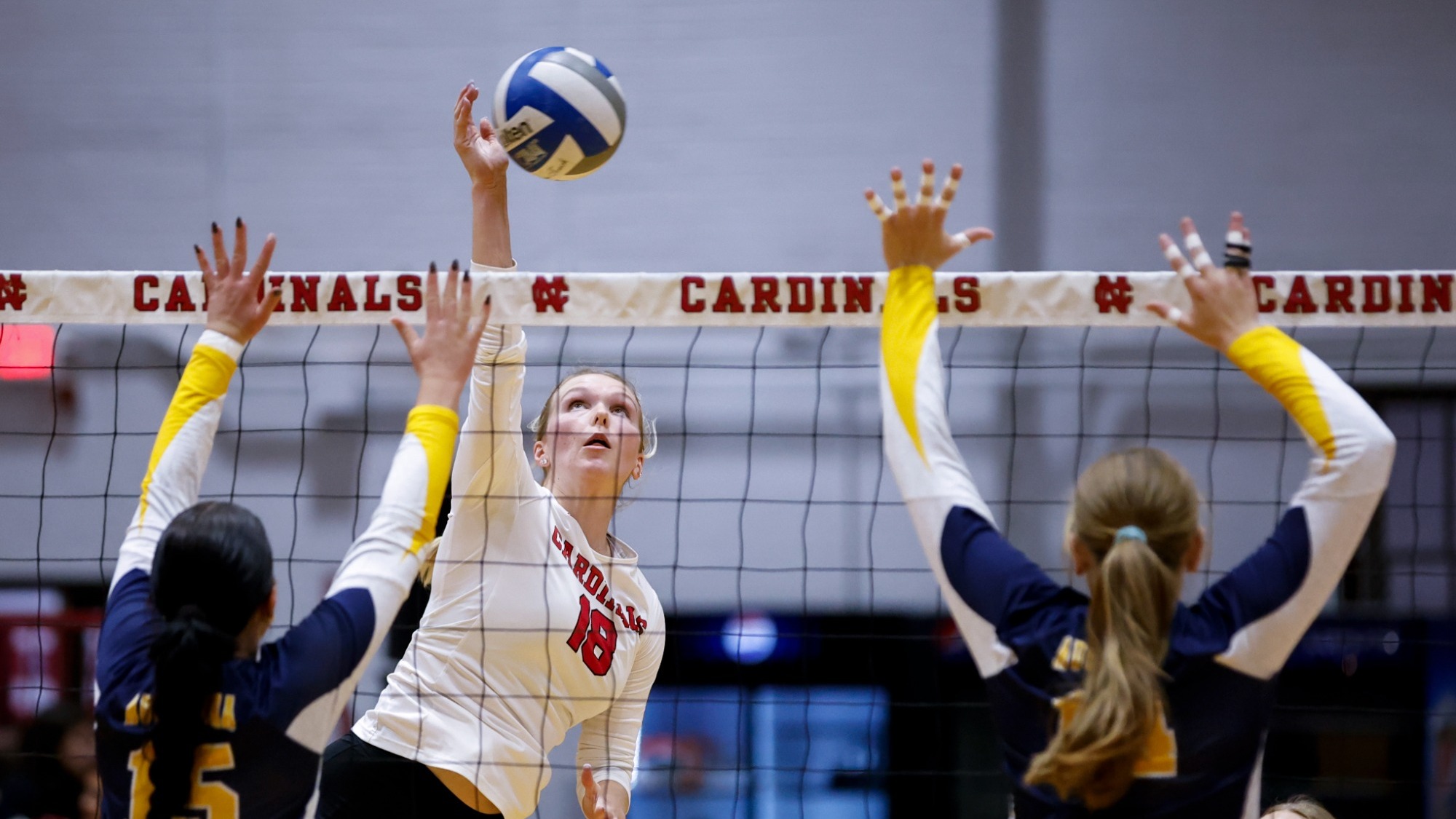 Lauren Benson spiking the volleyball over the net