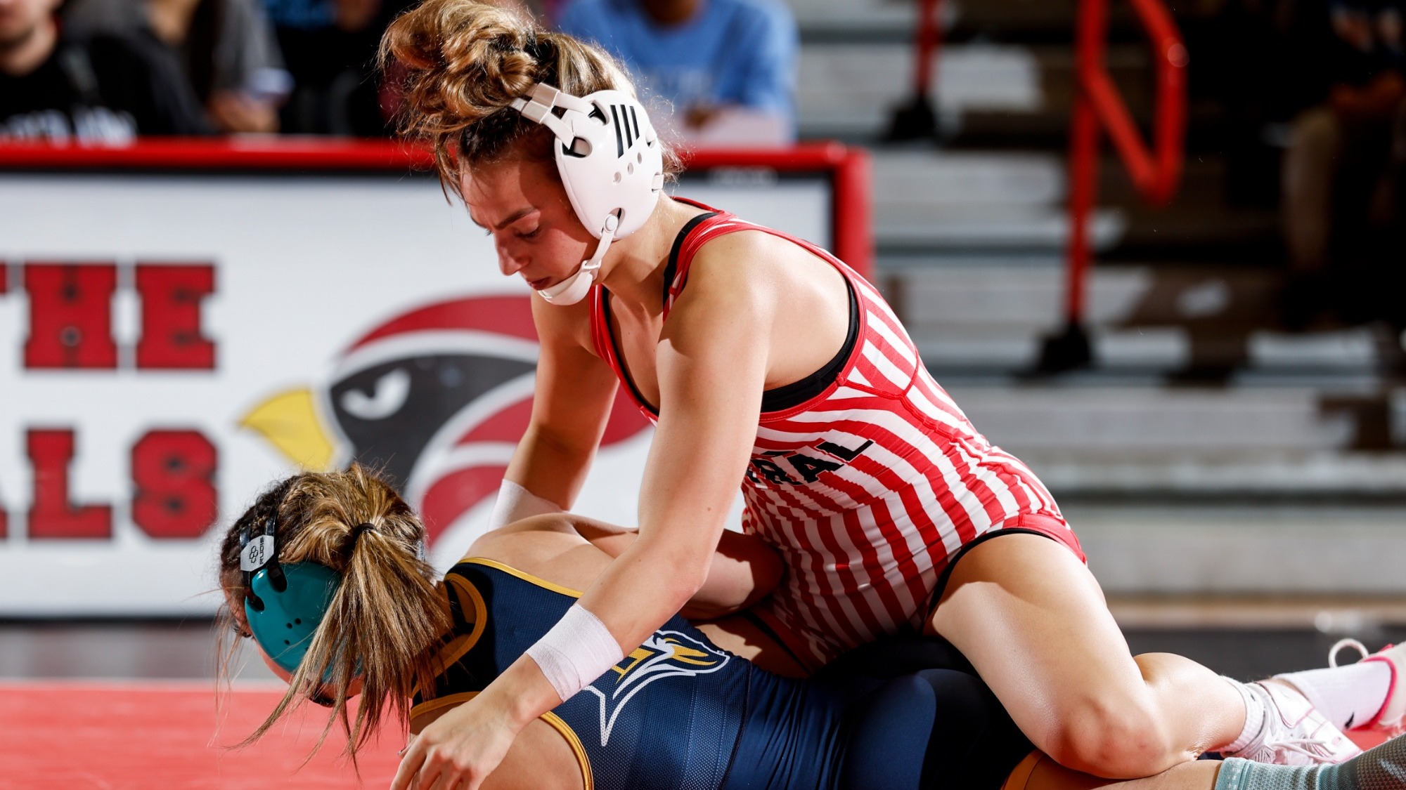 Nadia Thomas takes down Augustana Wrestler 