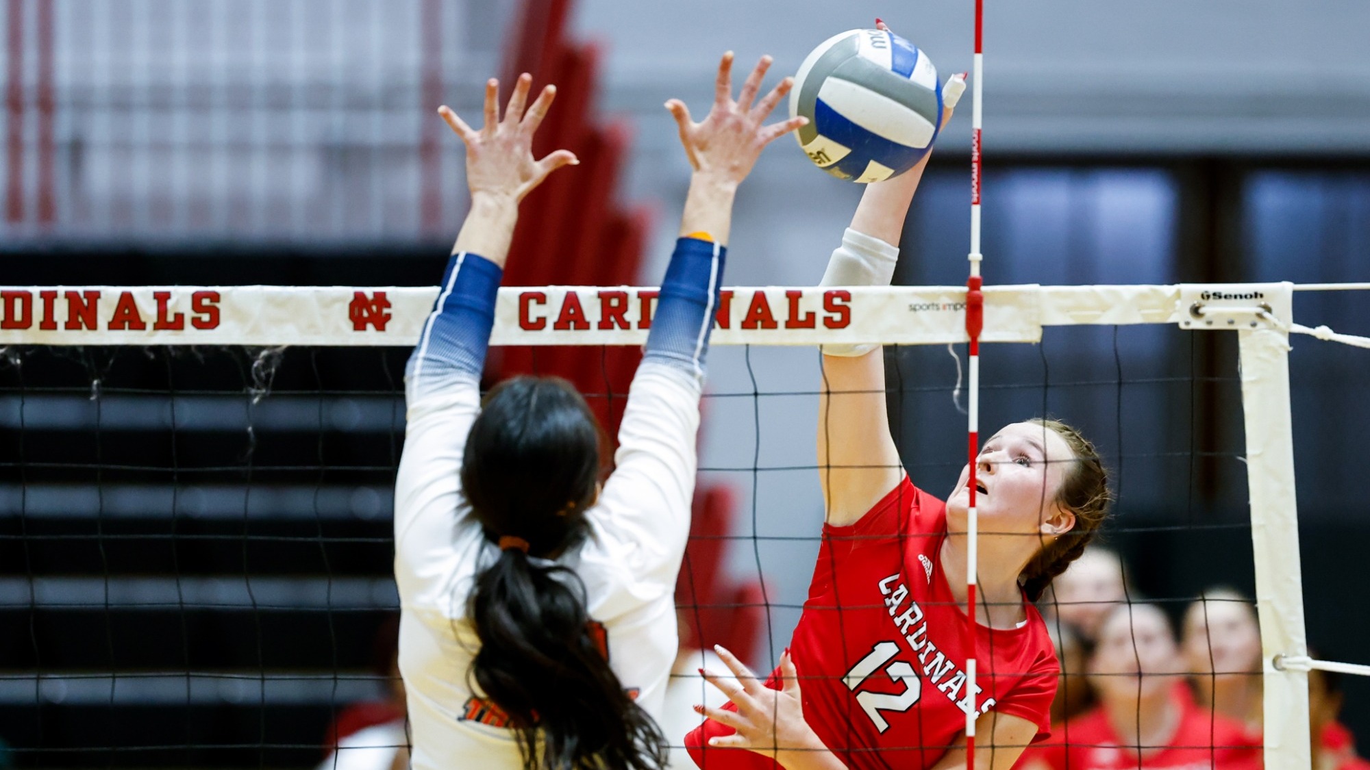 Ava Hoff spiking a volleyball vs Wheaton