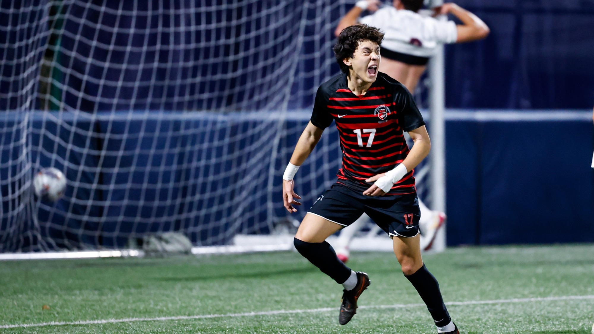 North Central College men's soccer student-athlete Ivan Hooshmand celebrating after scoring his second goal against Wheaton College on Oct. 21, 2026.