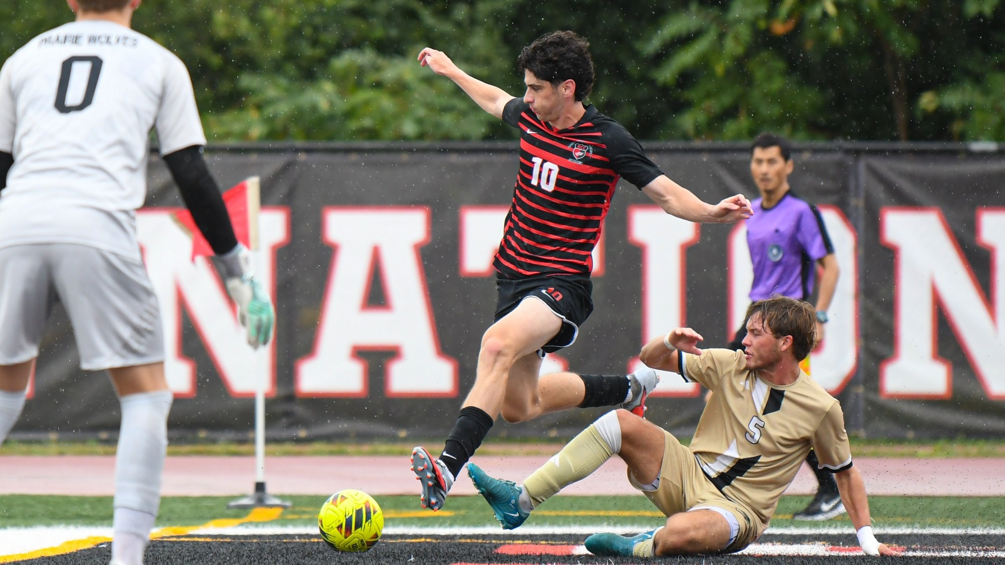 Marco Costabile from North Central College men's soccer team taking a shot on Nebraska Wesleyan on Sept. 13, 2026.