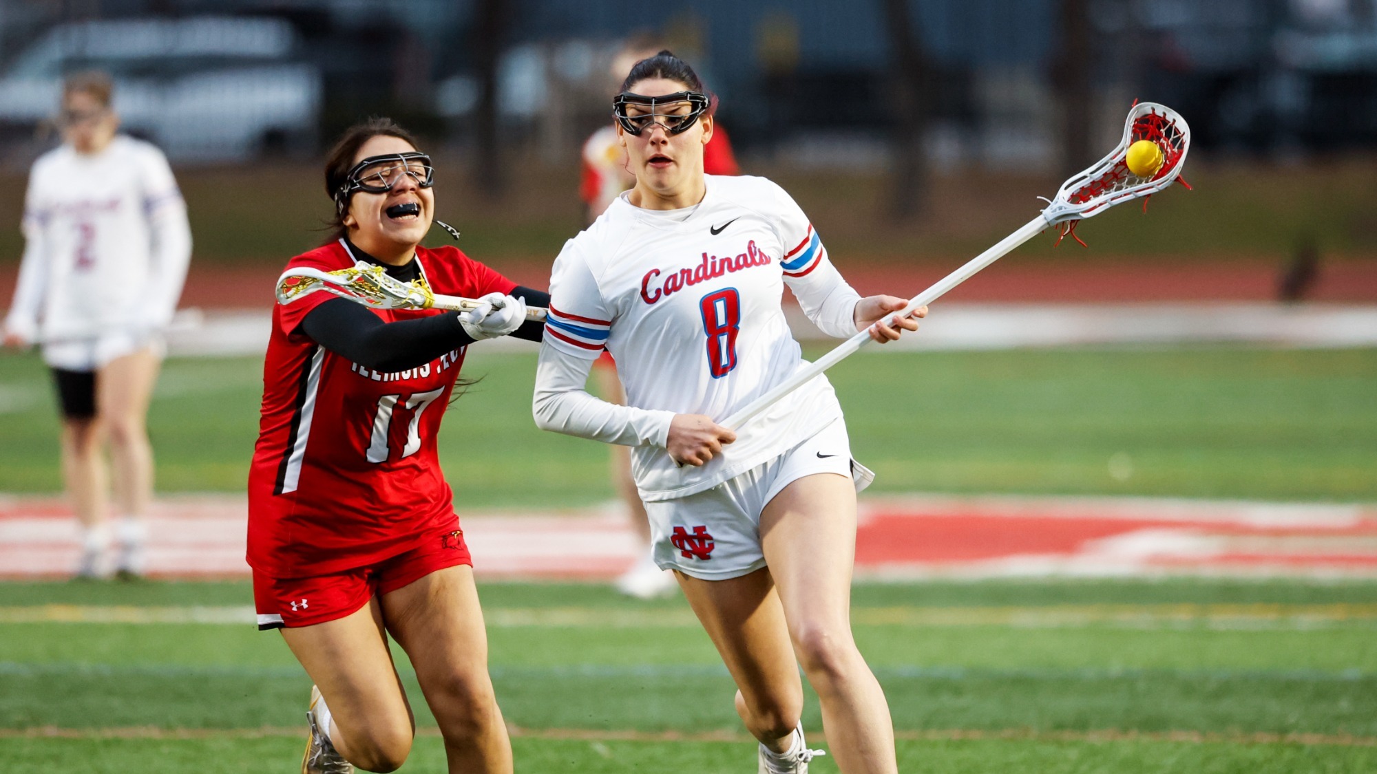 North Central College women's lacrosse student-athlete Anna Williamson beating her Illinois Institute of Technology defender on Mar. 10, 2026.