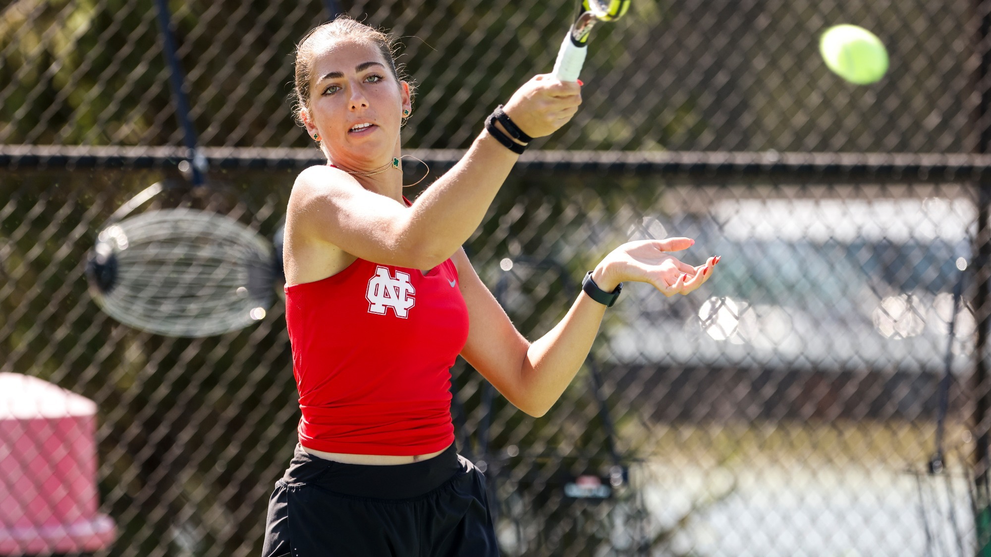 Liveta Ezerskis follows through after returning a shot using a forehand swing during a practice.