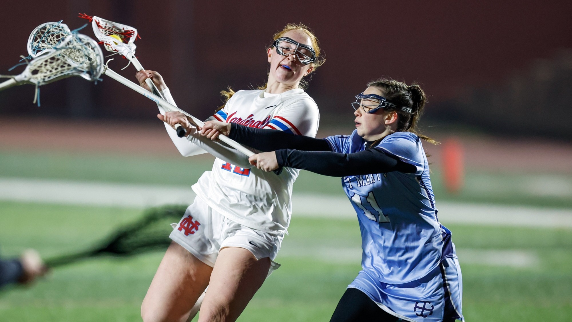 Camille Krekeler ripping off a shot during a North Central College women's lacrosse game against Saint Mary's College (Ind.) on Mar.3, 2026.