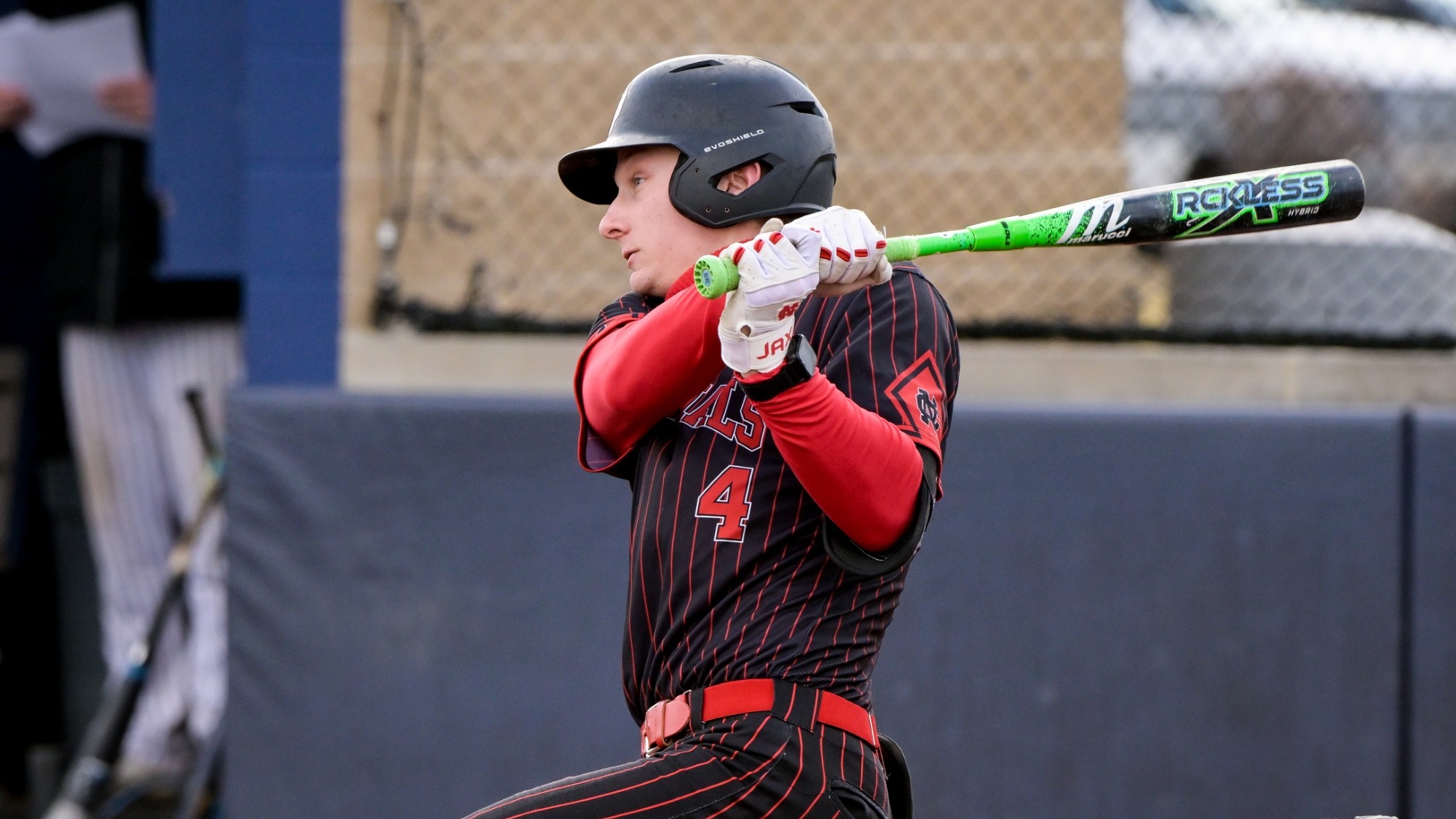 Luke Wallace hitting a baseball vs Baldwin Wallace