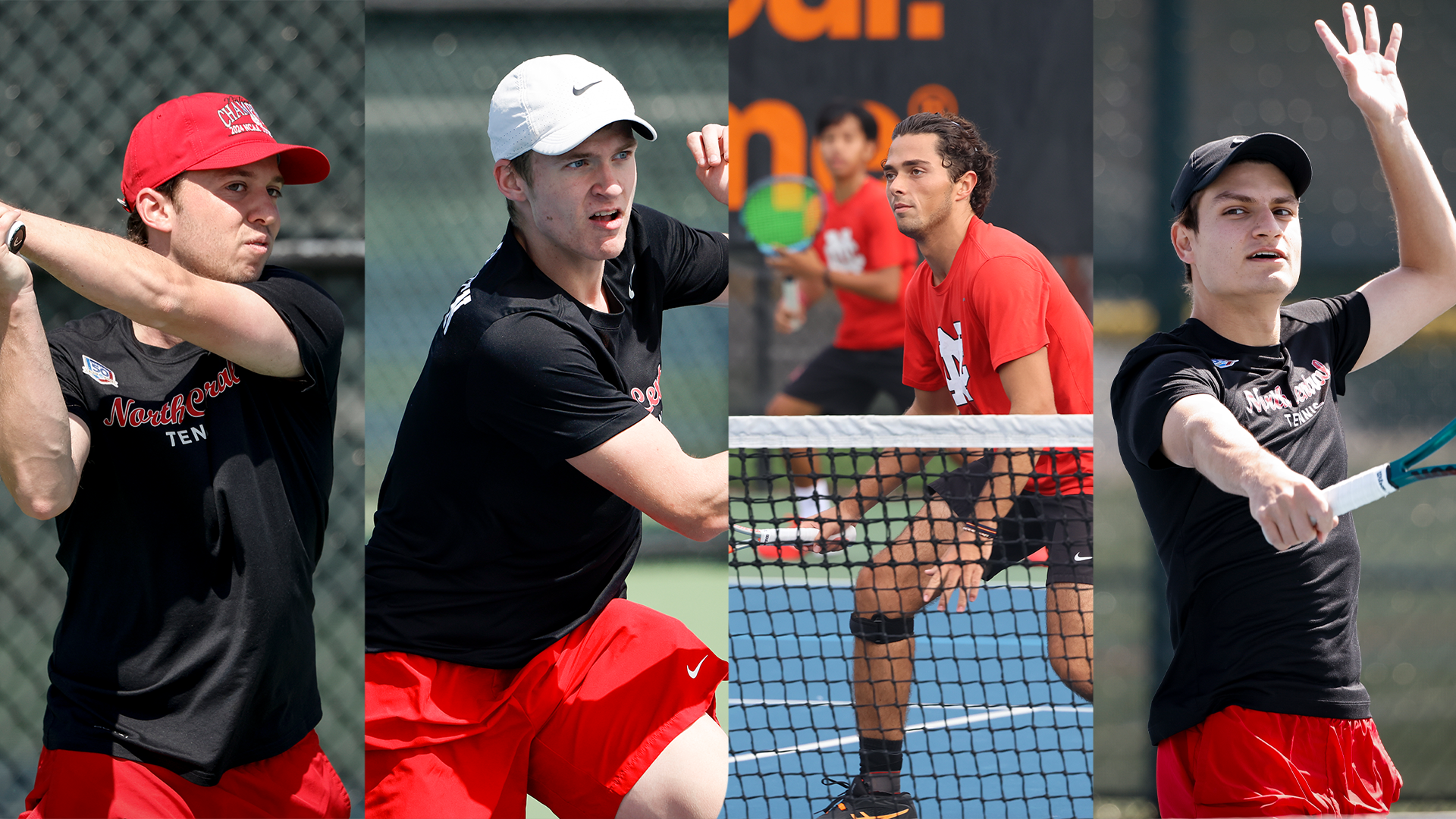 Four different pictures of tennis players placed side by side, each one in the act of performing a swing during a match or a practice.
