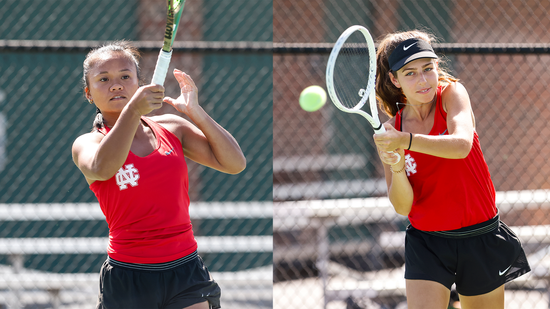 Abigail Penados follows through after hitting a backhand shot in one panel while Kate Herlihy starts her follow through after hitting a backhand shot in another panel.