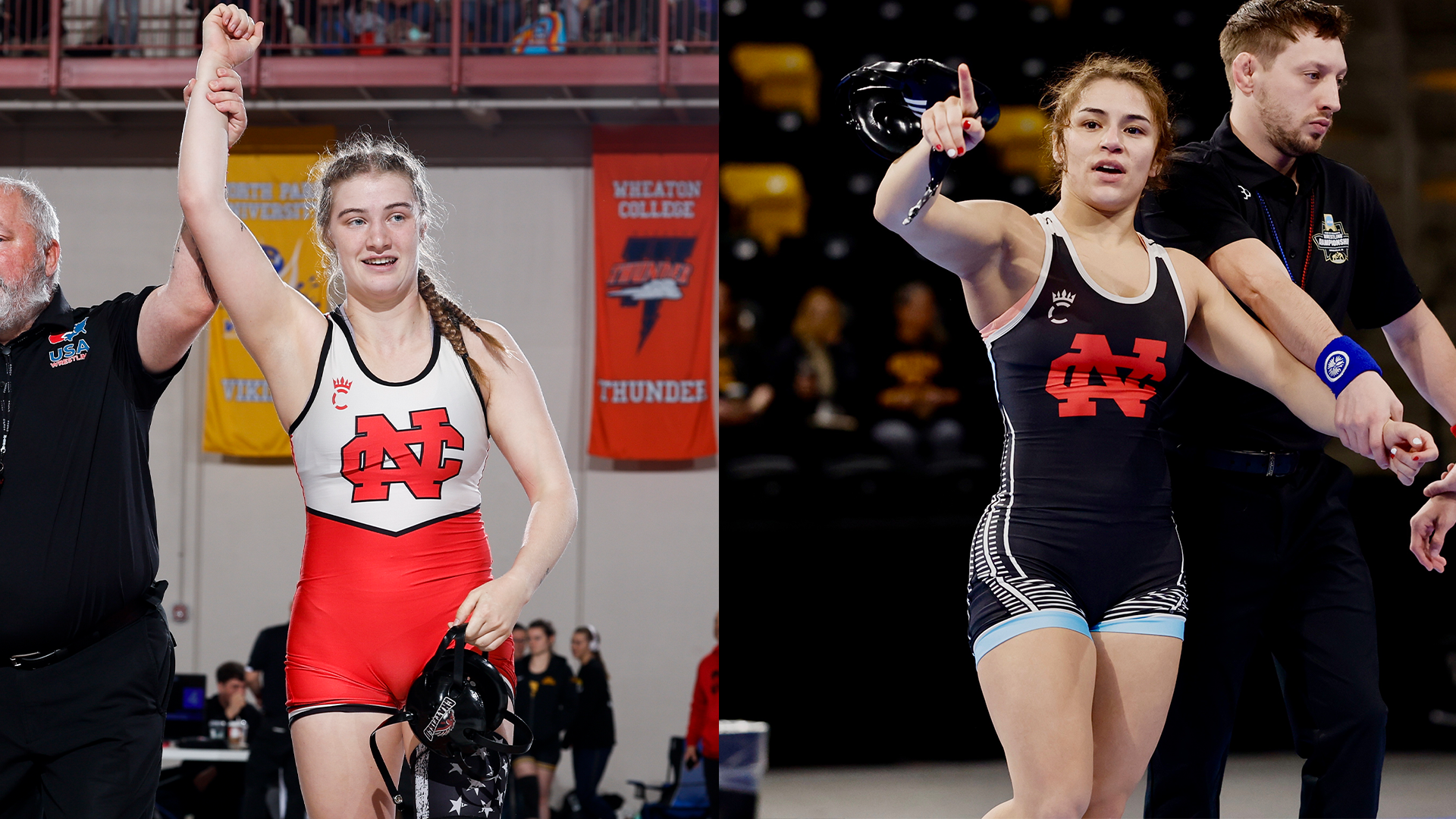 Side-by-side photos of women's wrestlers Taylor Miss and Sara Sterner getting arms raised