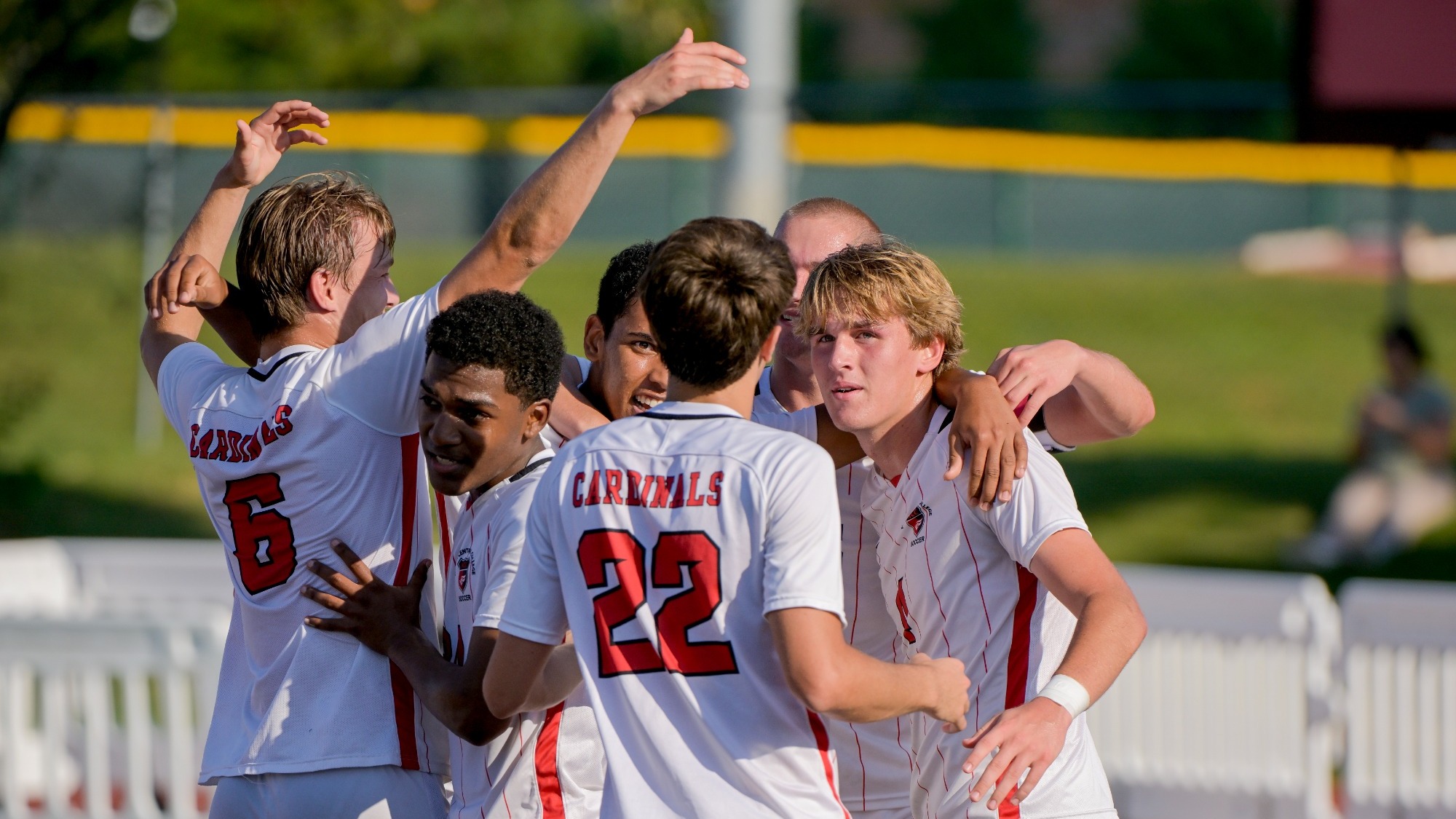 North Central College men's soccer program celebrating after a goal on Sept. 14, 2025.