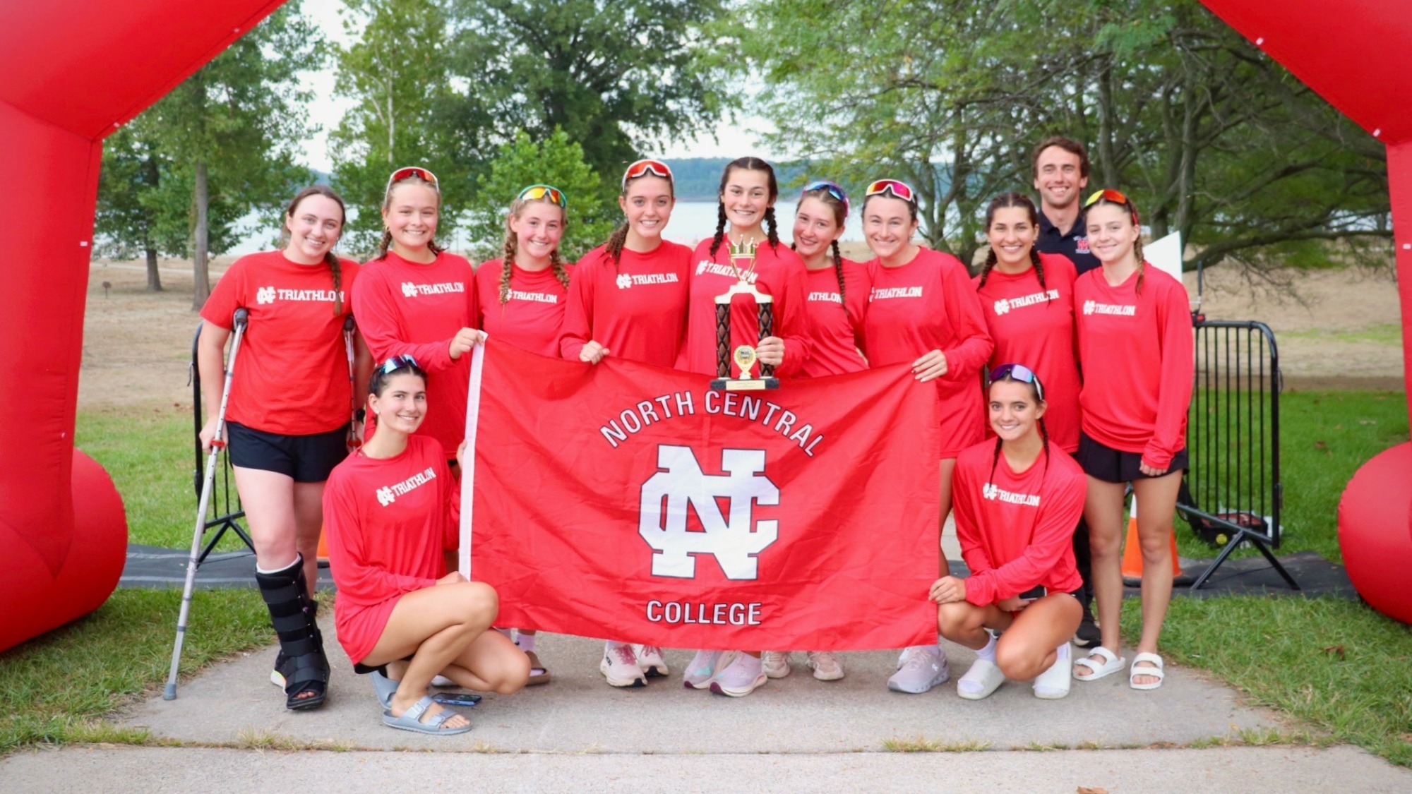 The North Central College women's triathlon team at the Lake Mississinewa Collegiate Cup on Sept. 12, 2026 in Peru, Ind.