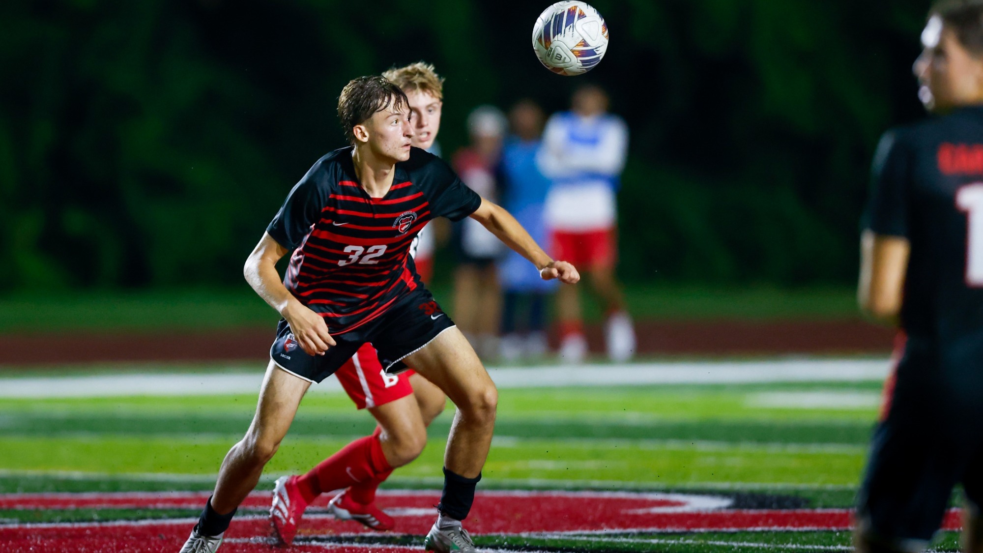 Aleks Duncevic receiving the ball for North Central College men's soccer team on Sept. 3, 2026 against Benedictine University.