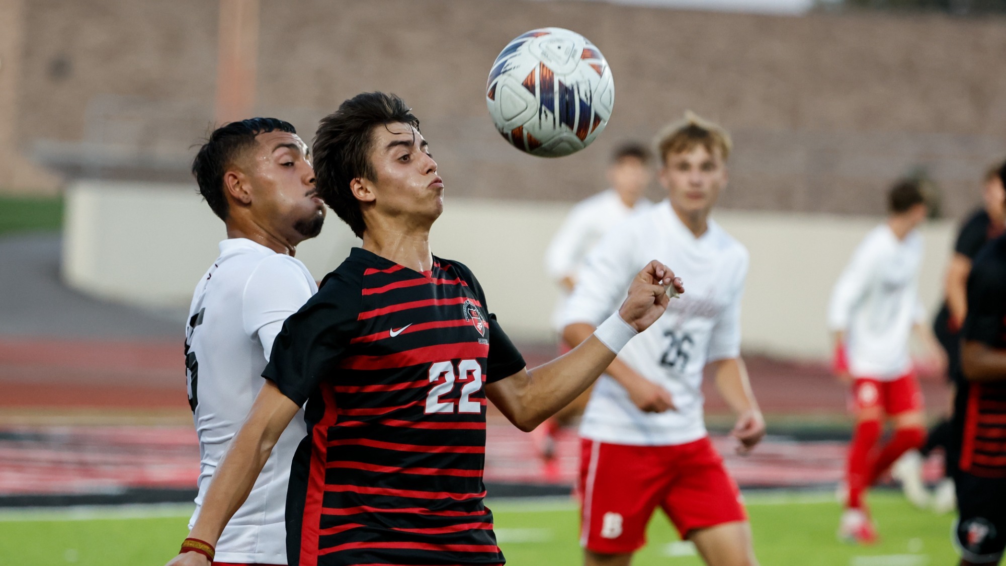 Javi Landin chesting the ball against Benedictine University on Sep. 3, 2026.