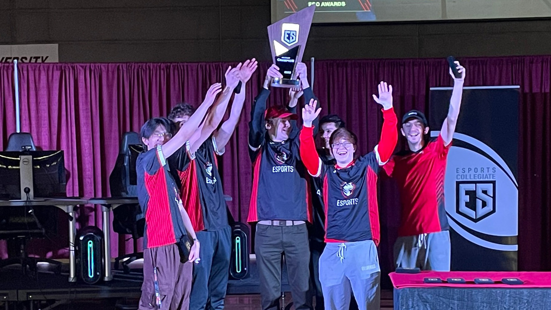 The Northeastern Valorant squad hoists their 2023 ESC Trophy