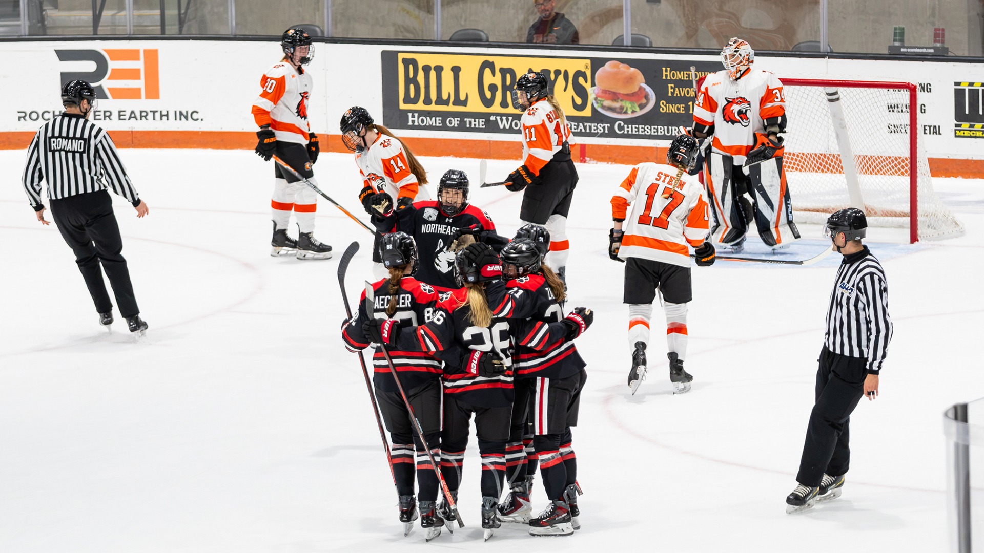 The Northeastern Huskies celebrate after scoring a goal during game against RIT on Friday, Oct. 23, 2026, at Gene Polisseni Center. RIT Athletics / Elizabeth Robertson.