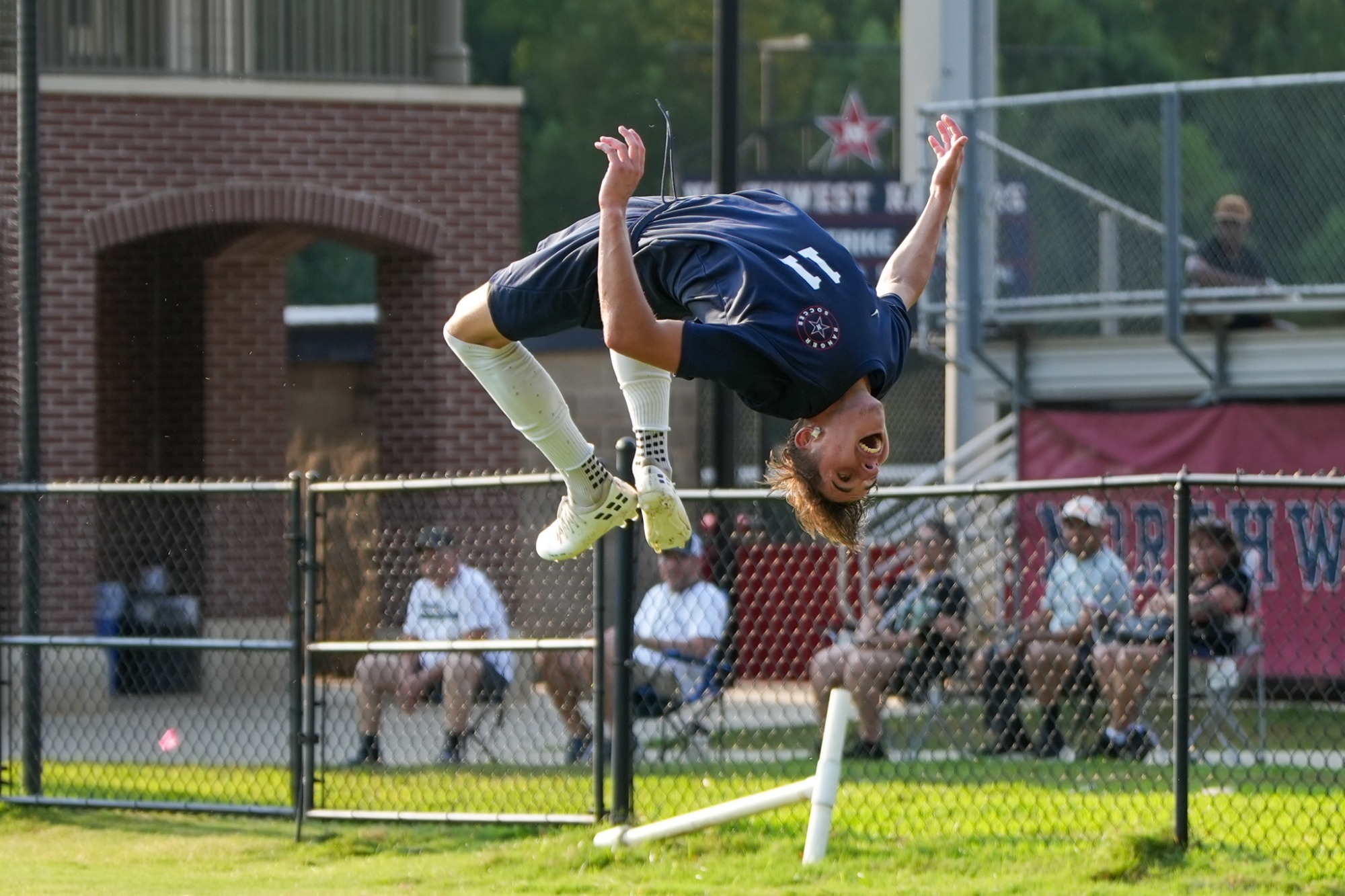 Joseph Jackson backflips after scoring his first collegiate goal for NWCC men's soccer