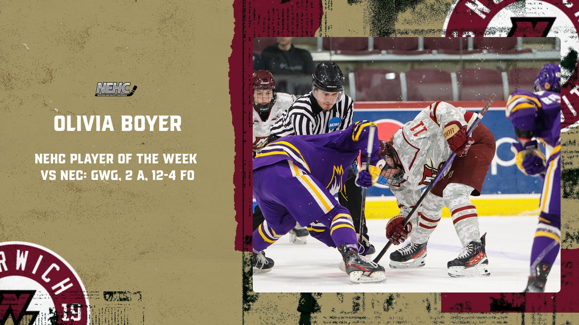 Women's Ice Hockey Boyer Dubbed NEHC Player of the Week Norwich