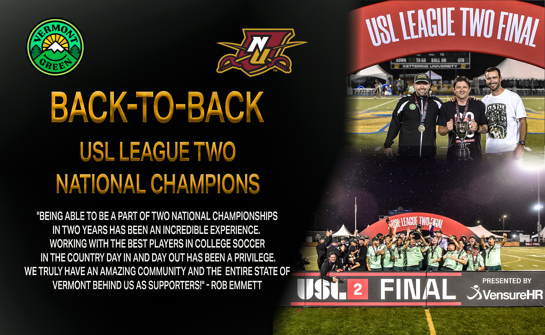 Head Men's Soccer Coach, Rob Emmett, brings home second straight USL League Two National Championship. 