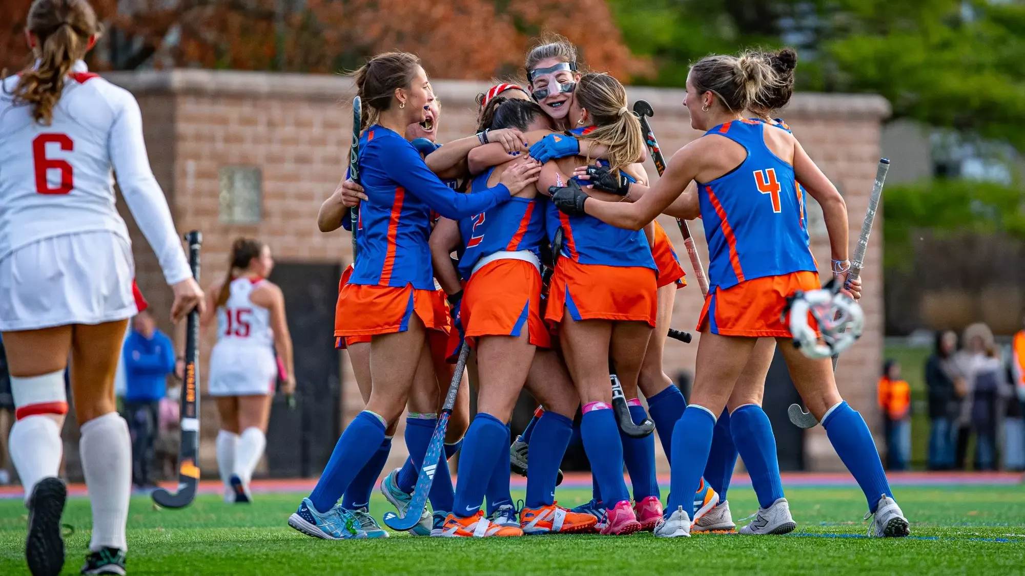 Madeline Meyer, Sophia Bronzi, Joleigh Kozack, Ashley McGough, Meghan Gunning and Maya Okeefe celebrate a Miranda Britton third quarter goal
