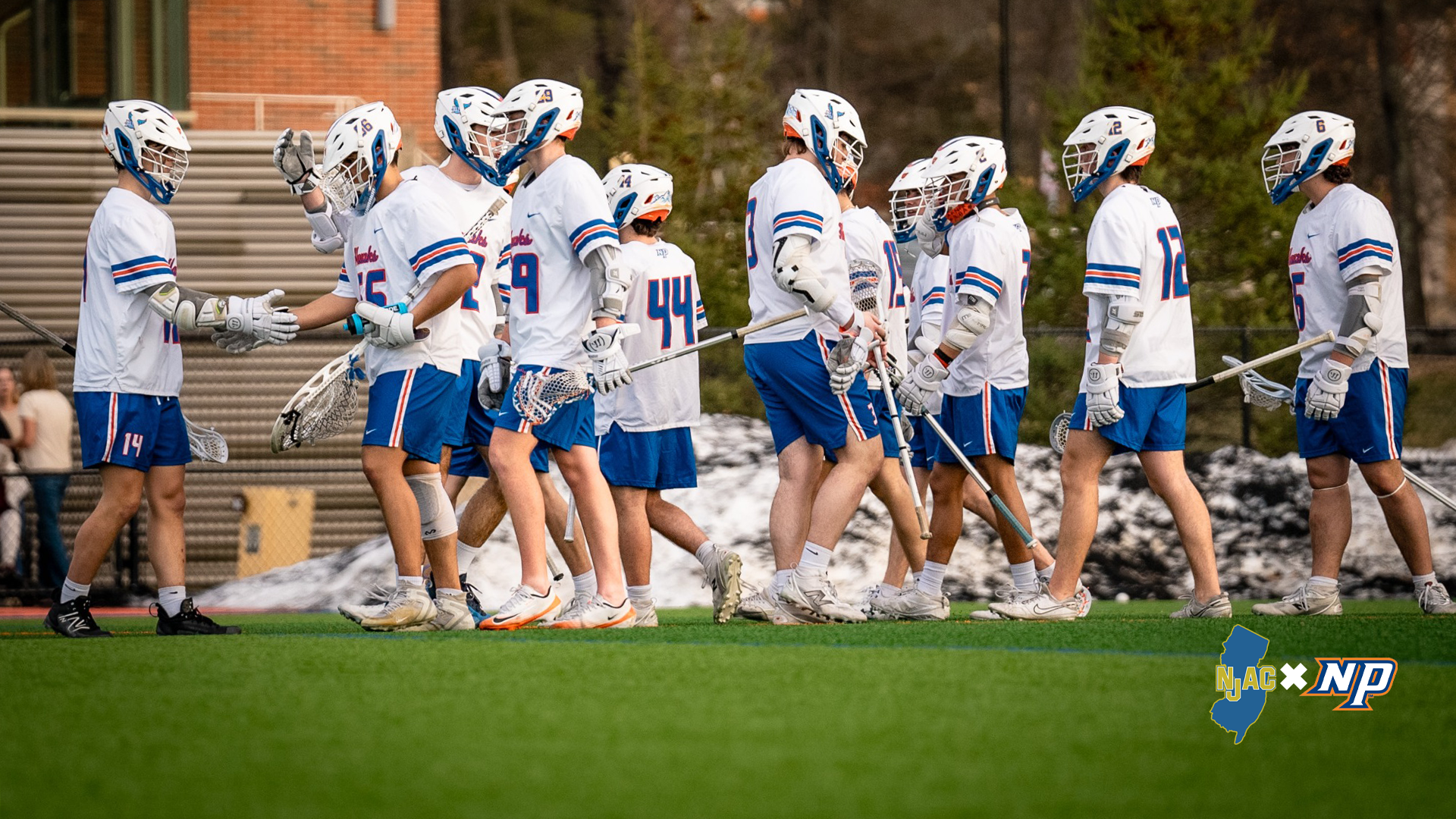 Men's Lacrosse huddle with NJAC and NP Logo main story graphic