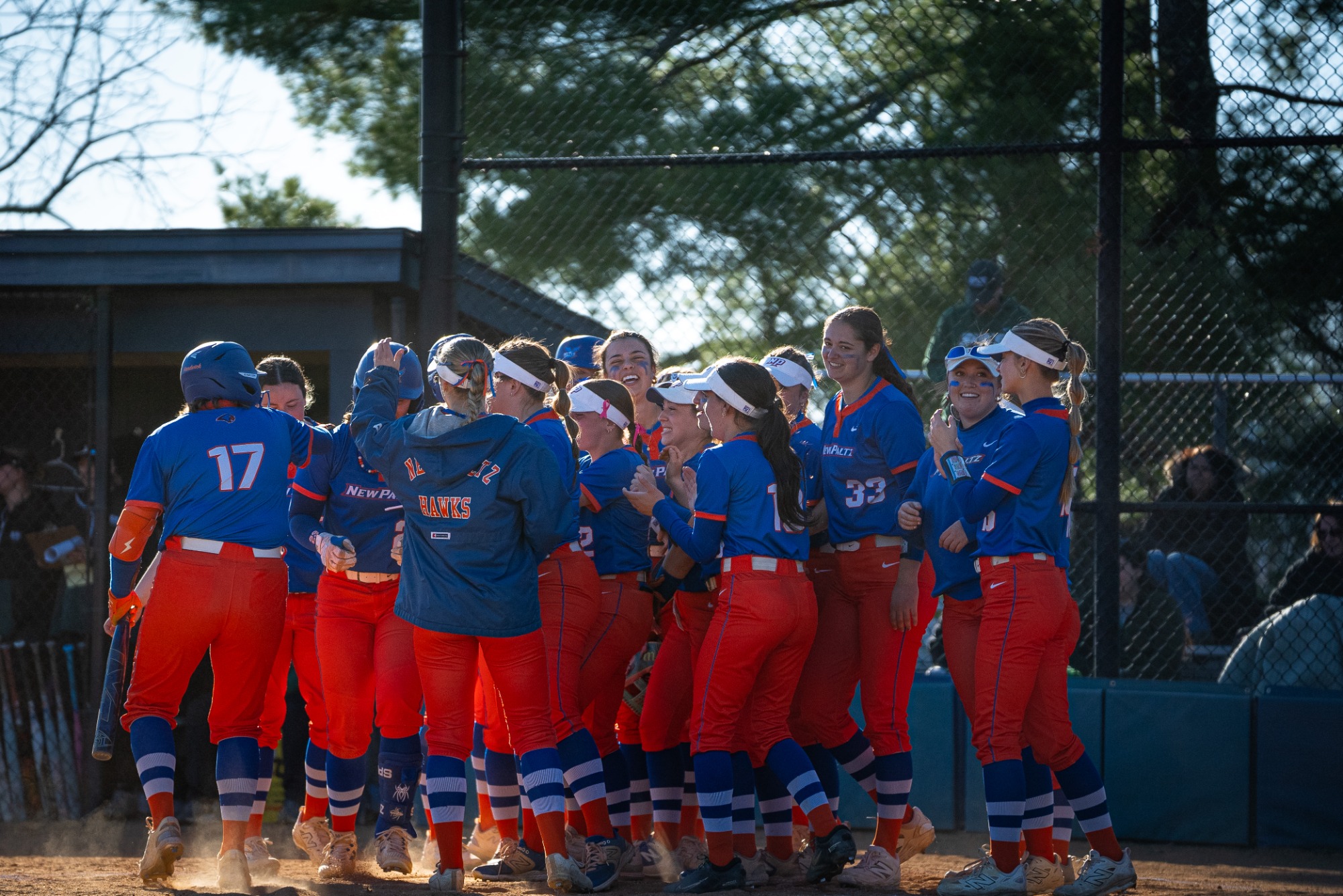 Hawks celebrate at home plate after an Ella Sharrock home run
