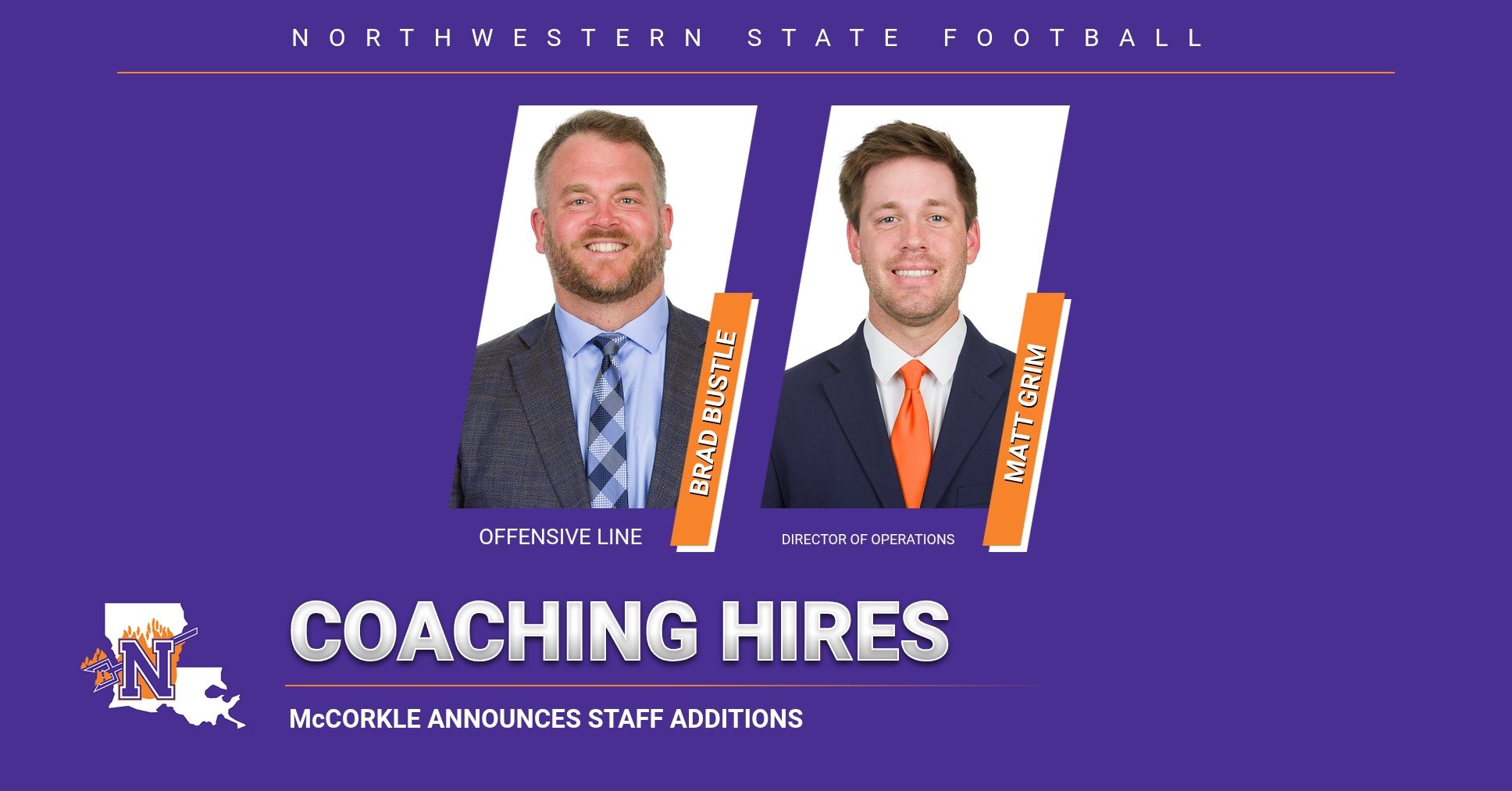 Graphic of new football staff members Brad Bustle and Matt Grim