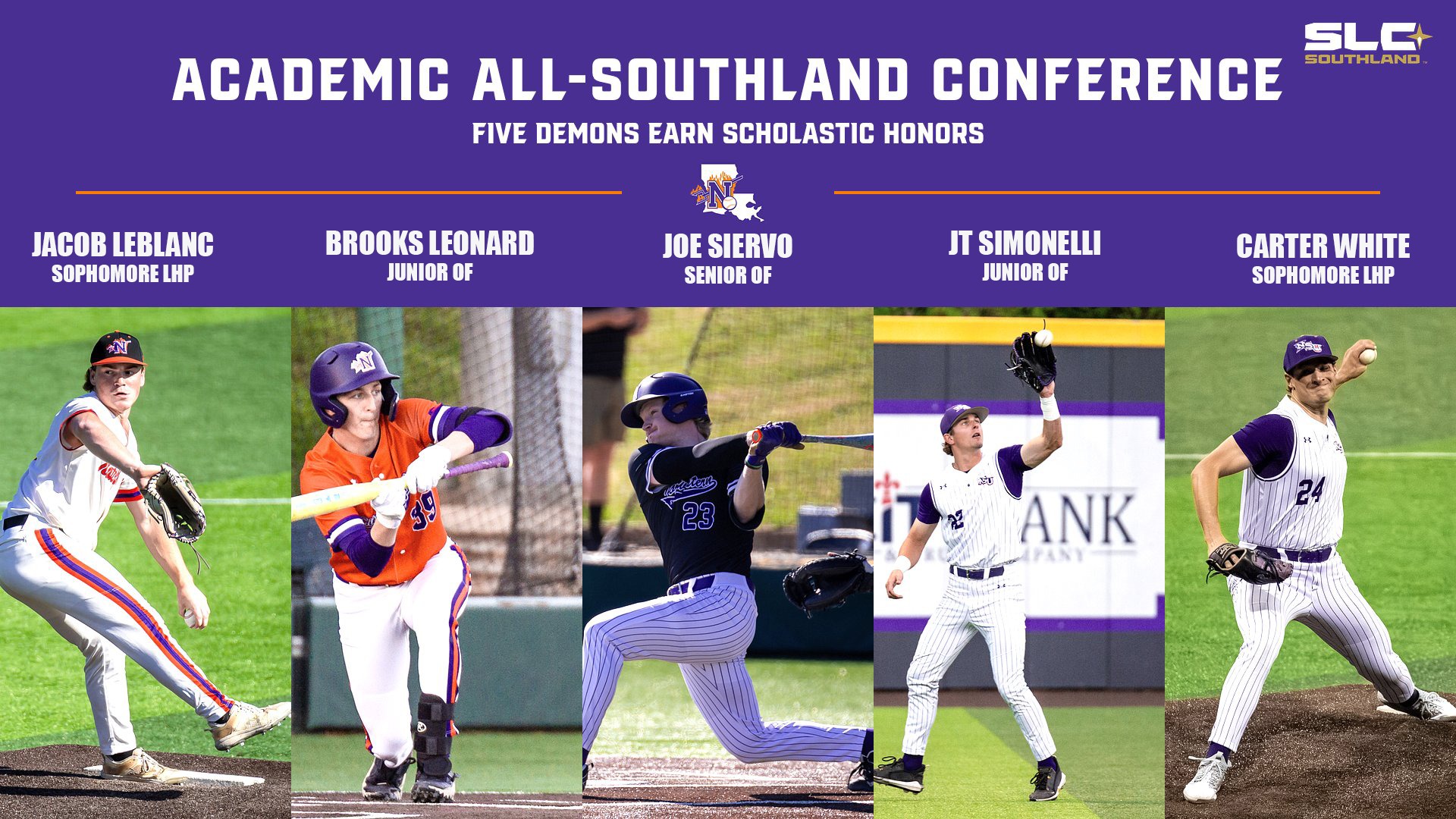 Graphic of five Northwestern State student athletes who were selected to the Academic All-Southland Conference Baseball Team.