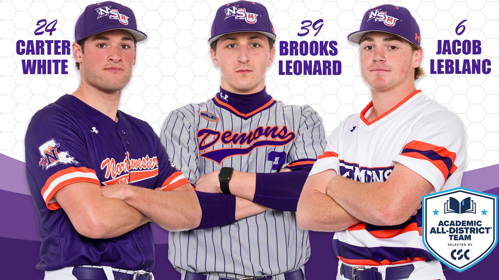 Graphic of Academic All-District selections Carter White, Brooks Leonard and Jacob LeBlanc