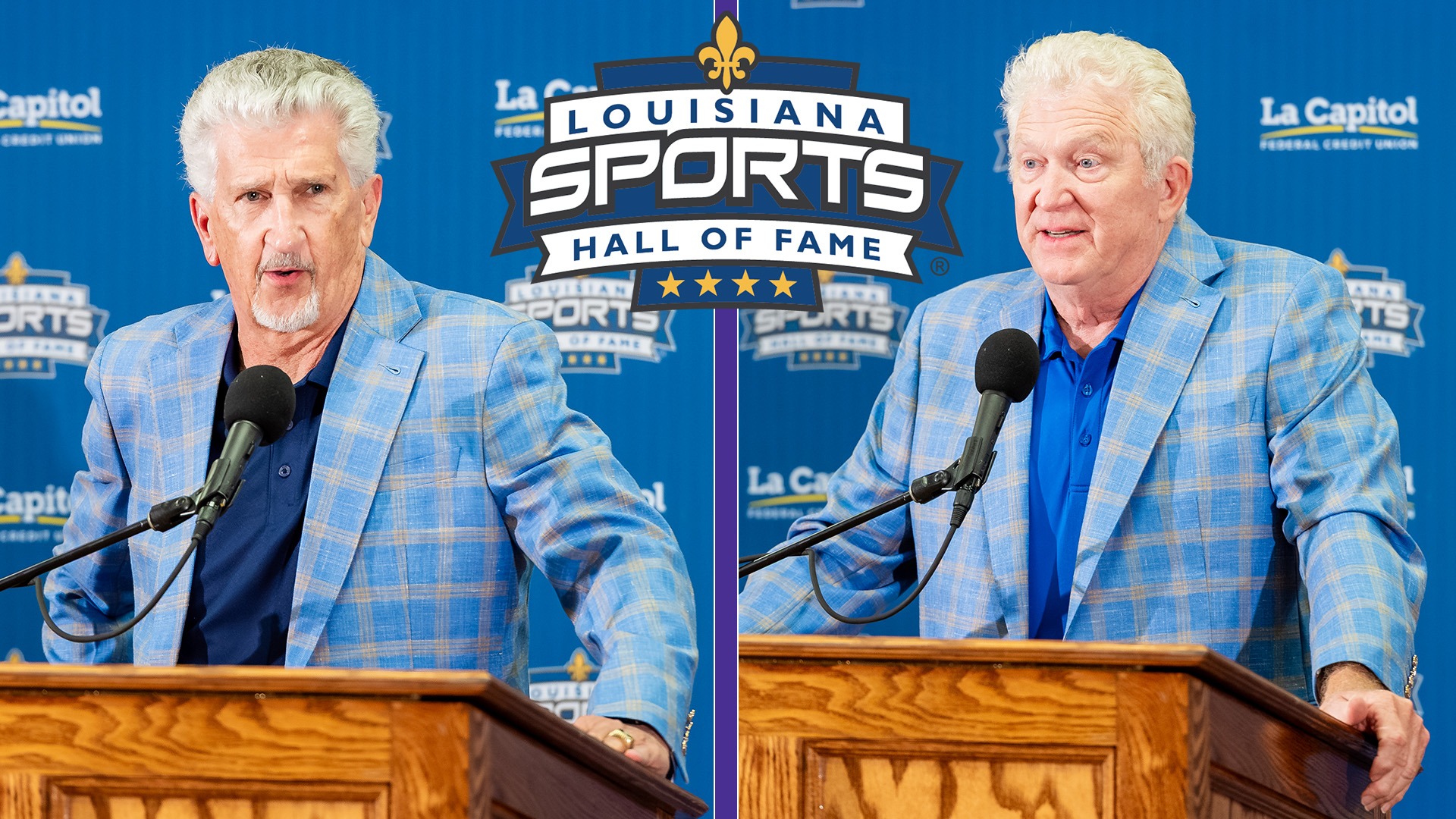 Dewain Strother and Mike McConathy speak during the Louisiana Sports Hall of Fame press conference on June 25, 2026