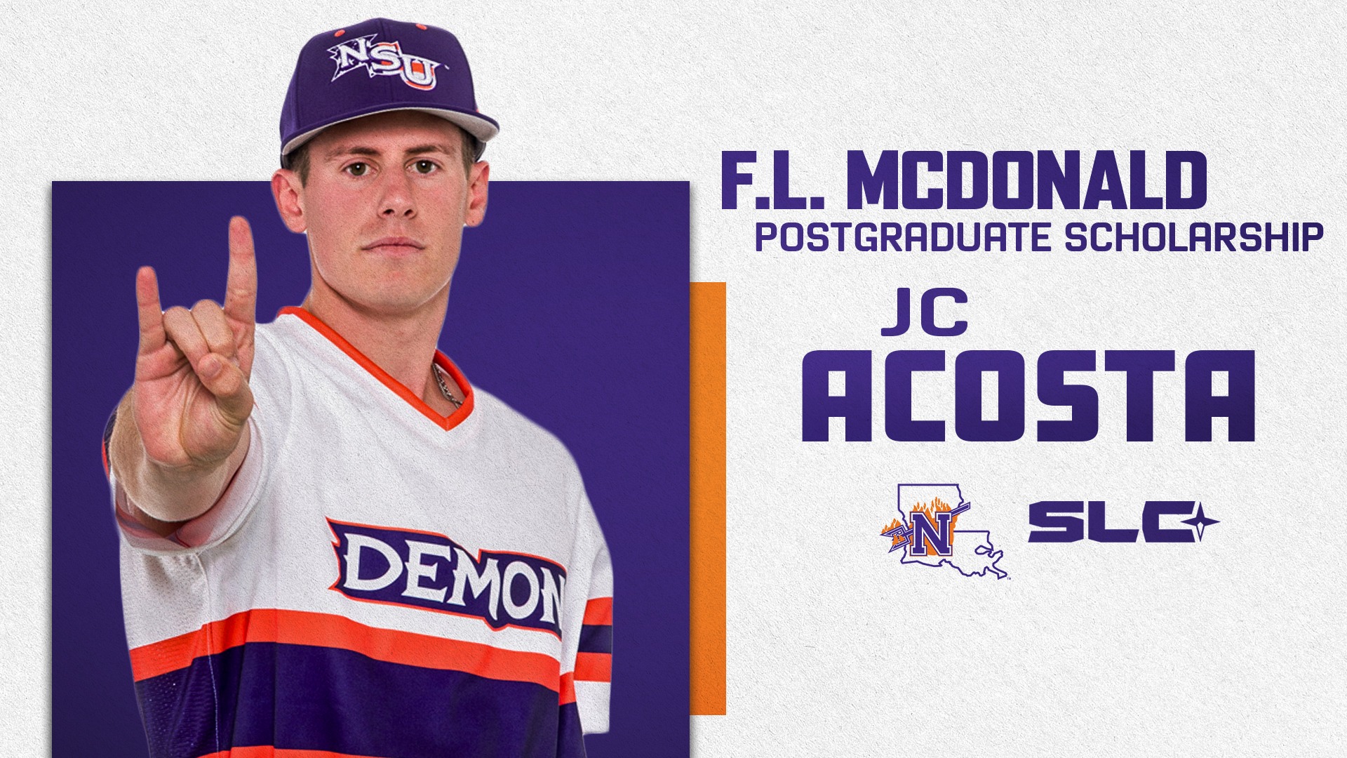 Graphic of Northwestern State pitcher JC Acosta, the winner of the 2026 F.L. McDonald Scholarship from the Southland Conference