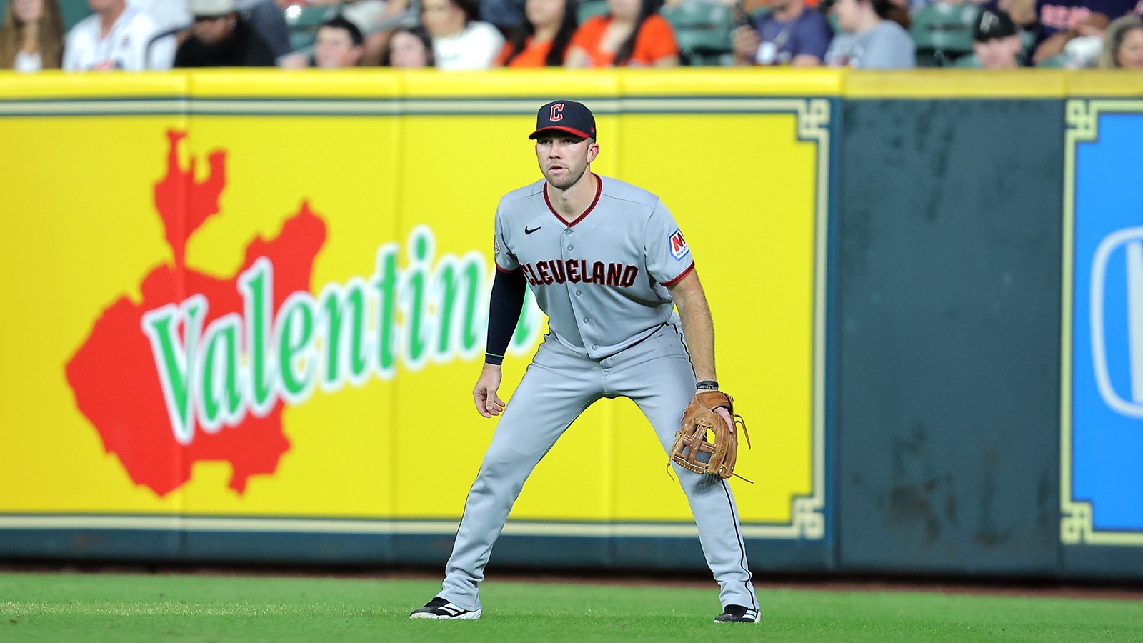 Action shot of Cleveland right fielder David Fry at Houston
