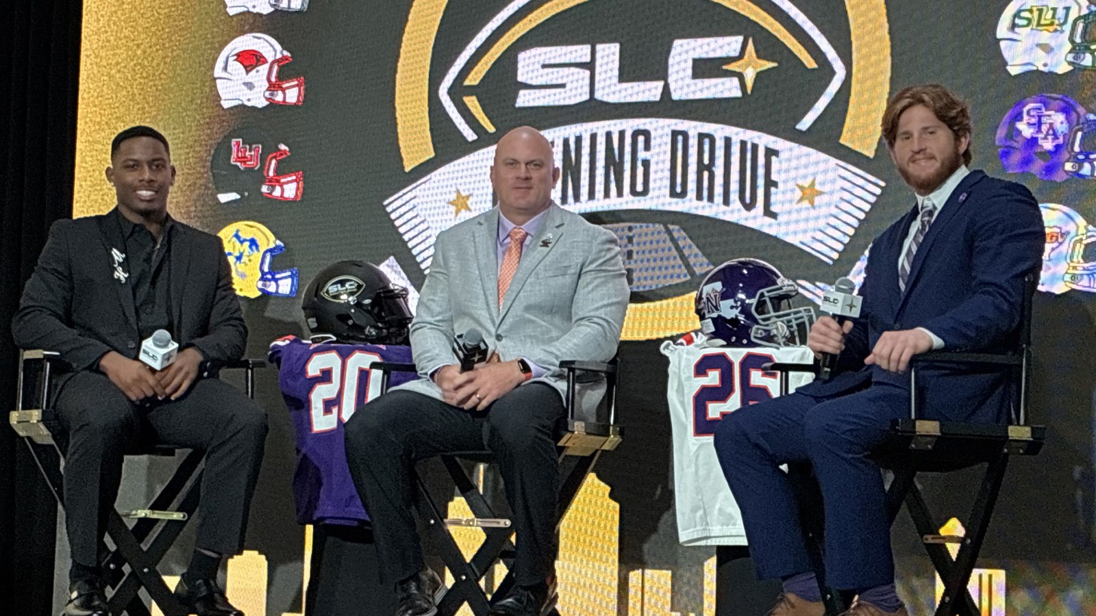 Northwestern State's Myion Hicks, Blaine McCorkle and Danny Sears pose on stage at the Southland Conference Opening Drive event in Houston.