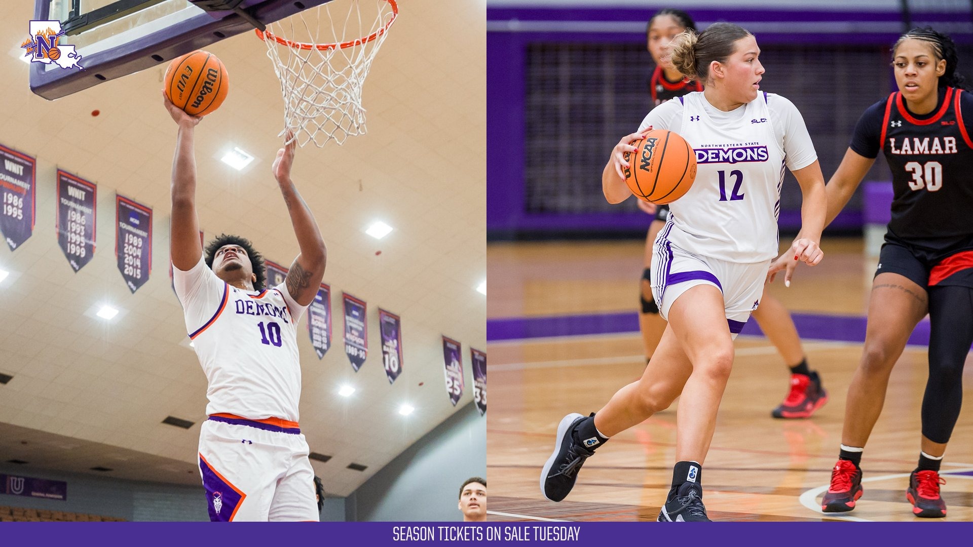 Graphic featuring men's basketball's Kordrick Turner and women's basketball Payton Miller announcing 2026-27 season tickets.