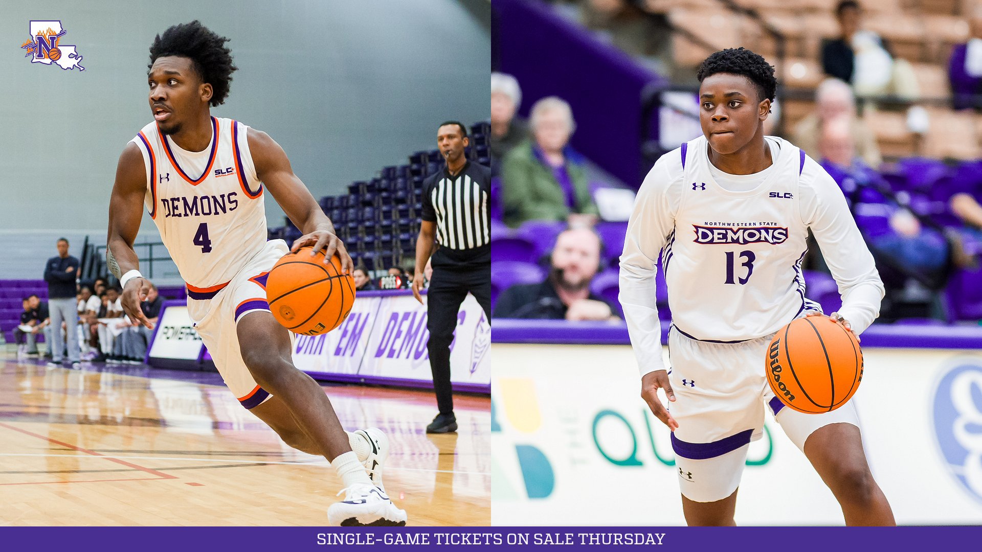 Graphic of Northwestern State men's and women's basketball promoting the sale of single-game tickets for 2026-27