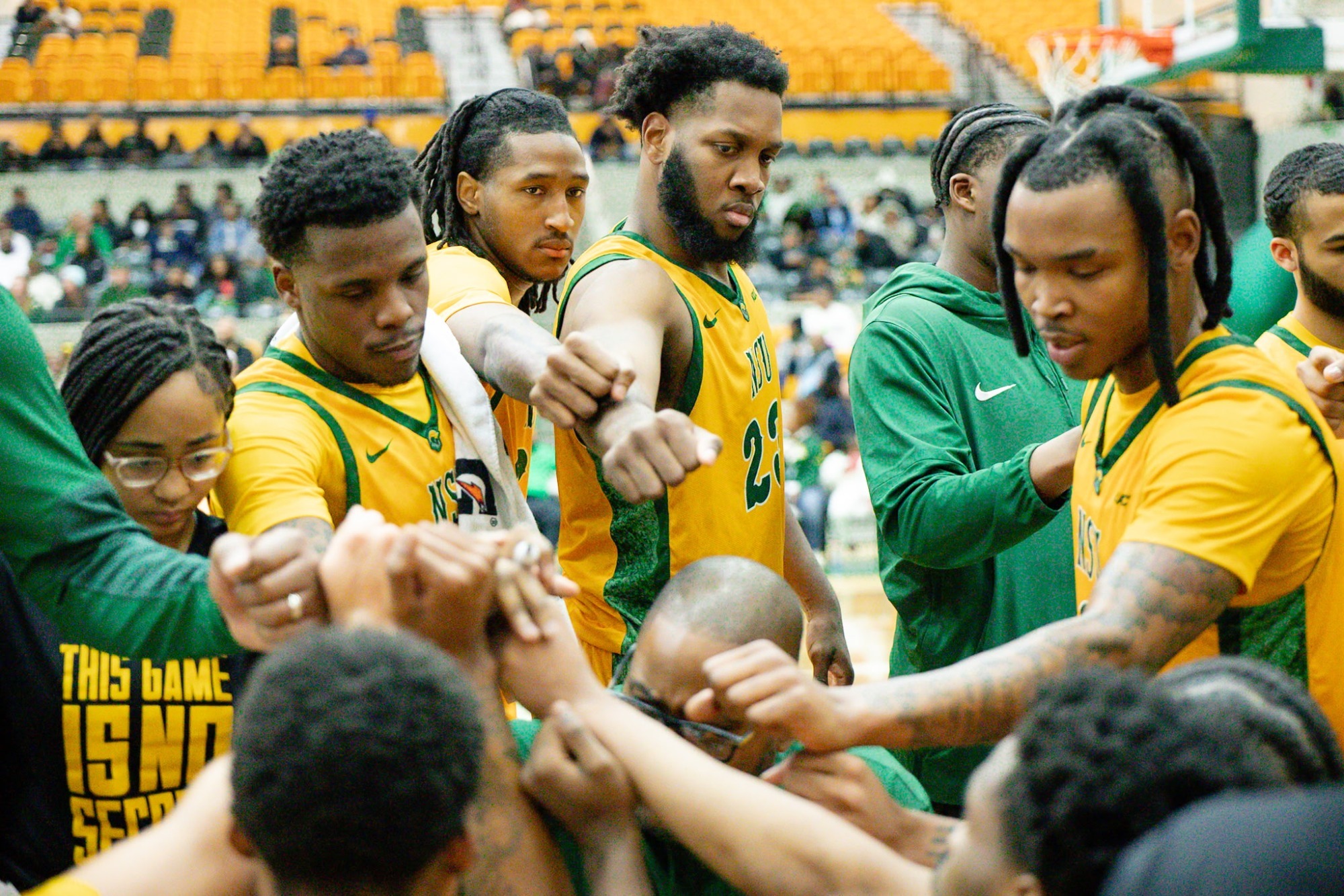 Men's basketball team huddle vs. N.C. Central