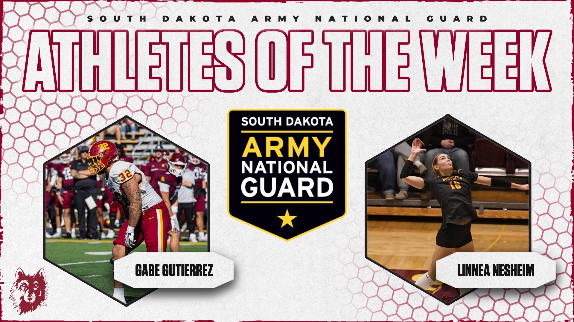 South Dakota Army National Guard Athletes of the Week graphic featuring Northern State football player Gabe Gutierrez and volleyball player Linnea Nesheim.
