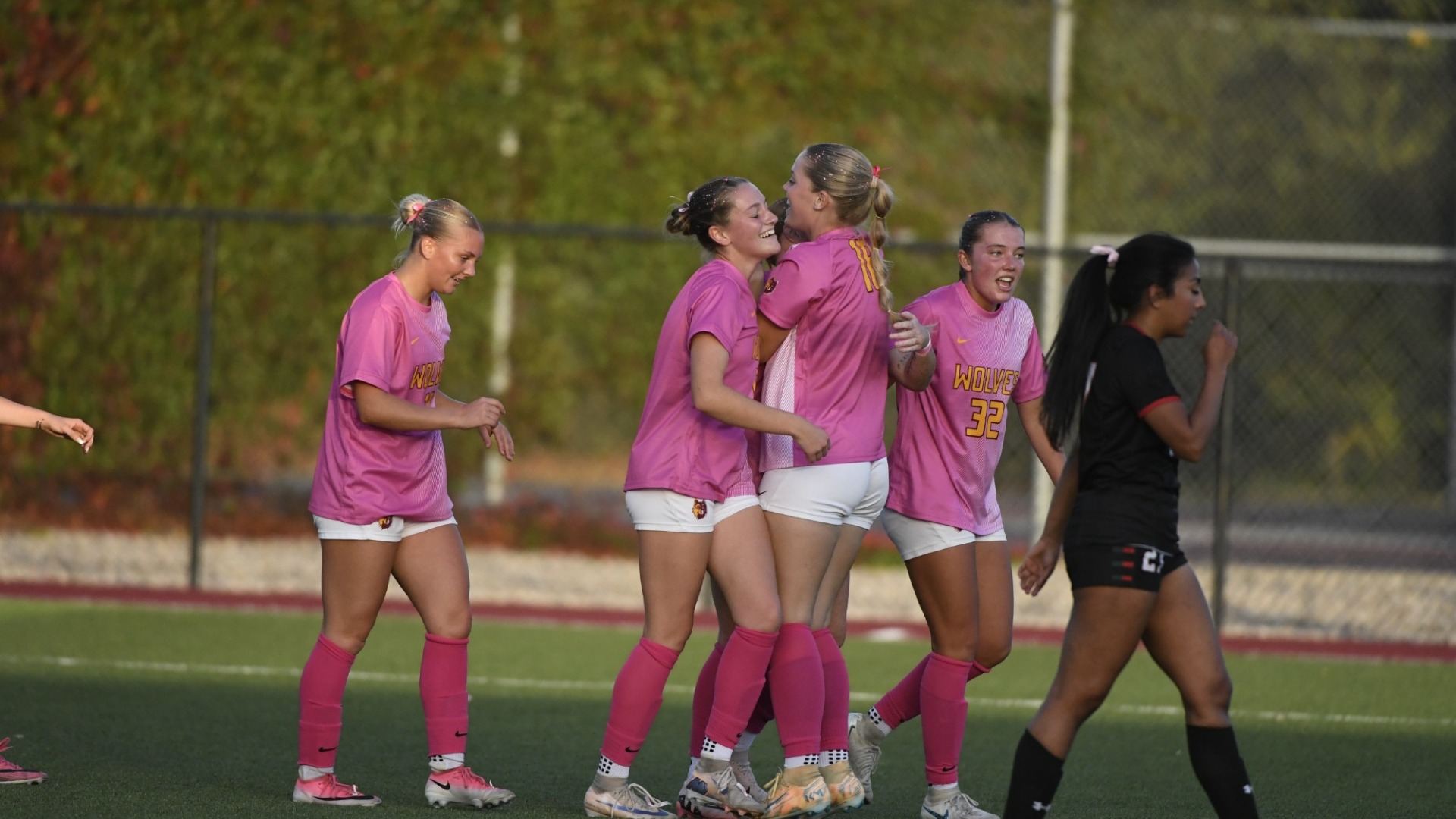 Northern State celebrates after Sydney Gilbertson notched her first goal of the season in NSU's 2-0 win over Minot State.
